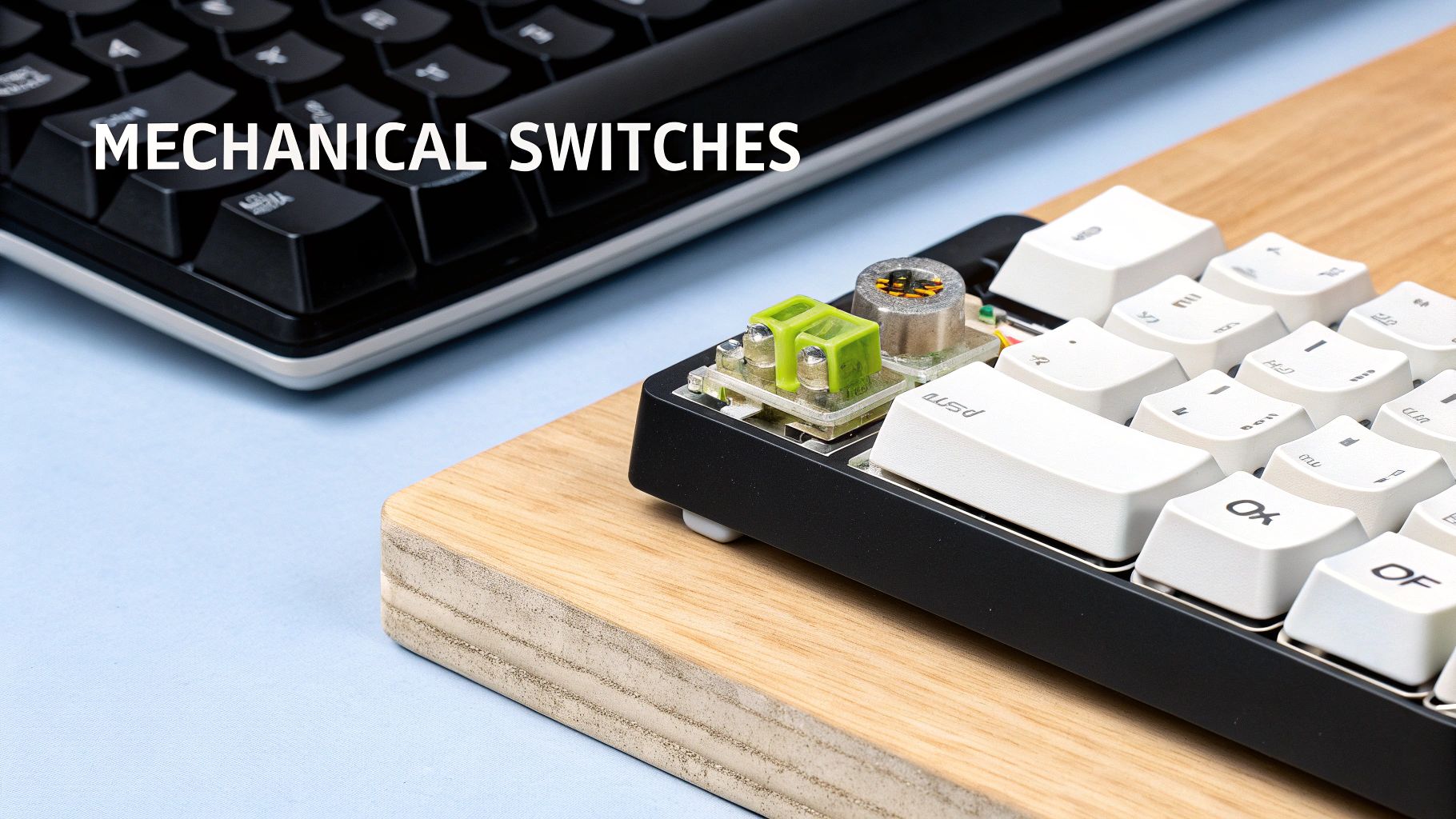 Mechanical keyboard switch exposed showing internal components with green stem and metal contacts on wooden stand