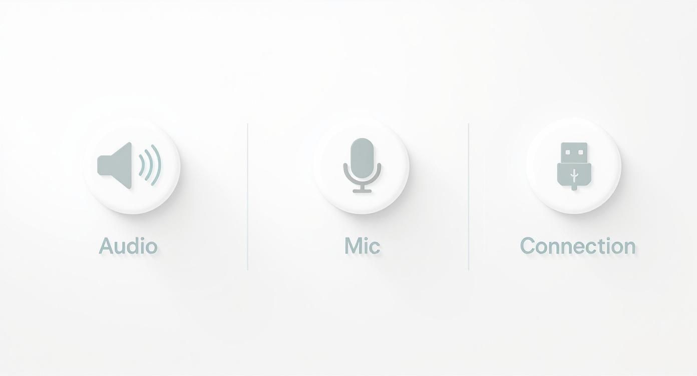 Three white circular icons representing audio, microphone, and connection settings.