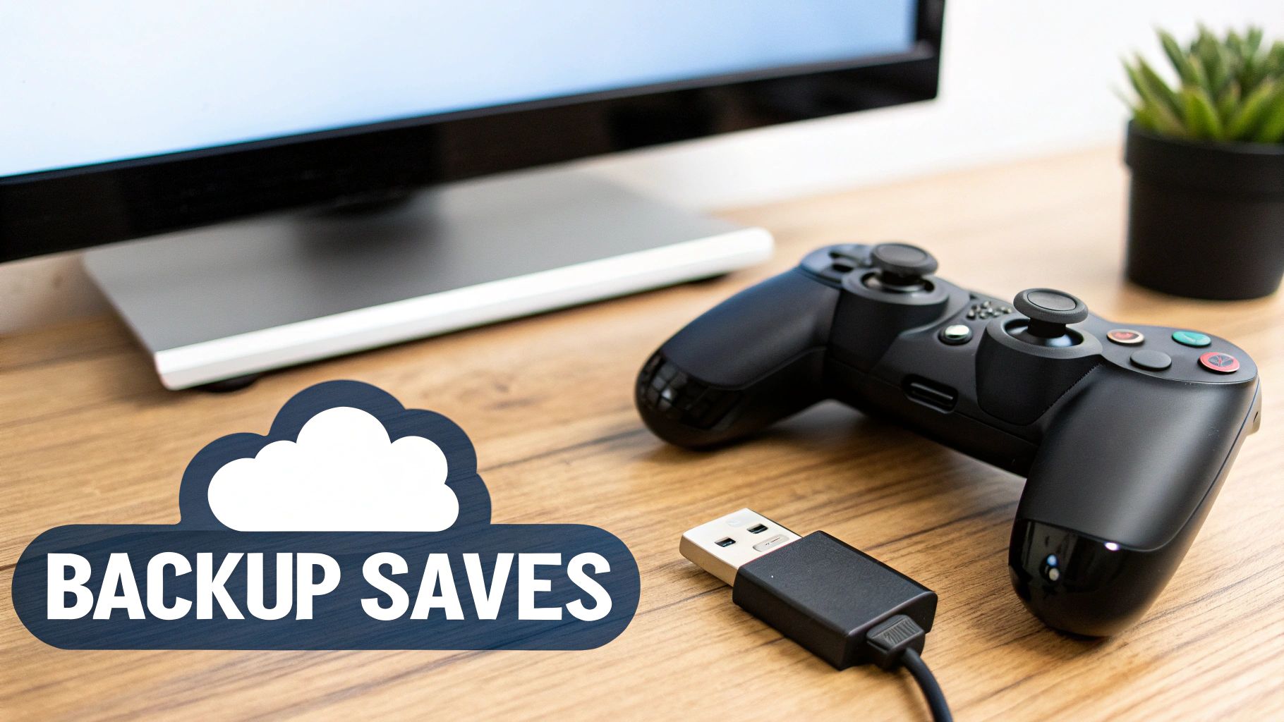 A PlayStation 4 controller resting on a wooden surface in front of a television screen displaying the game menu.