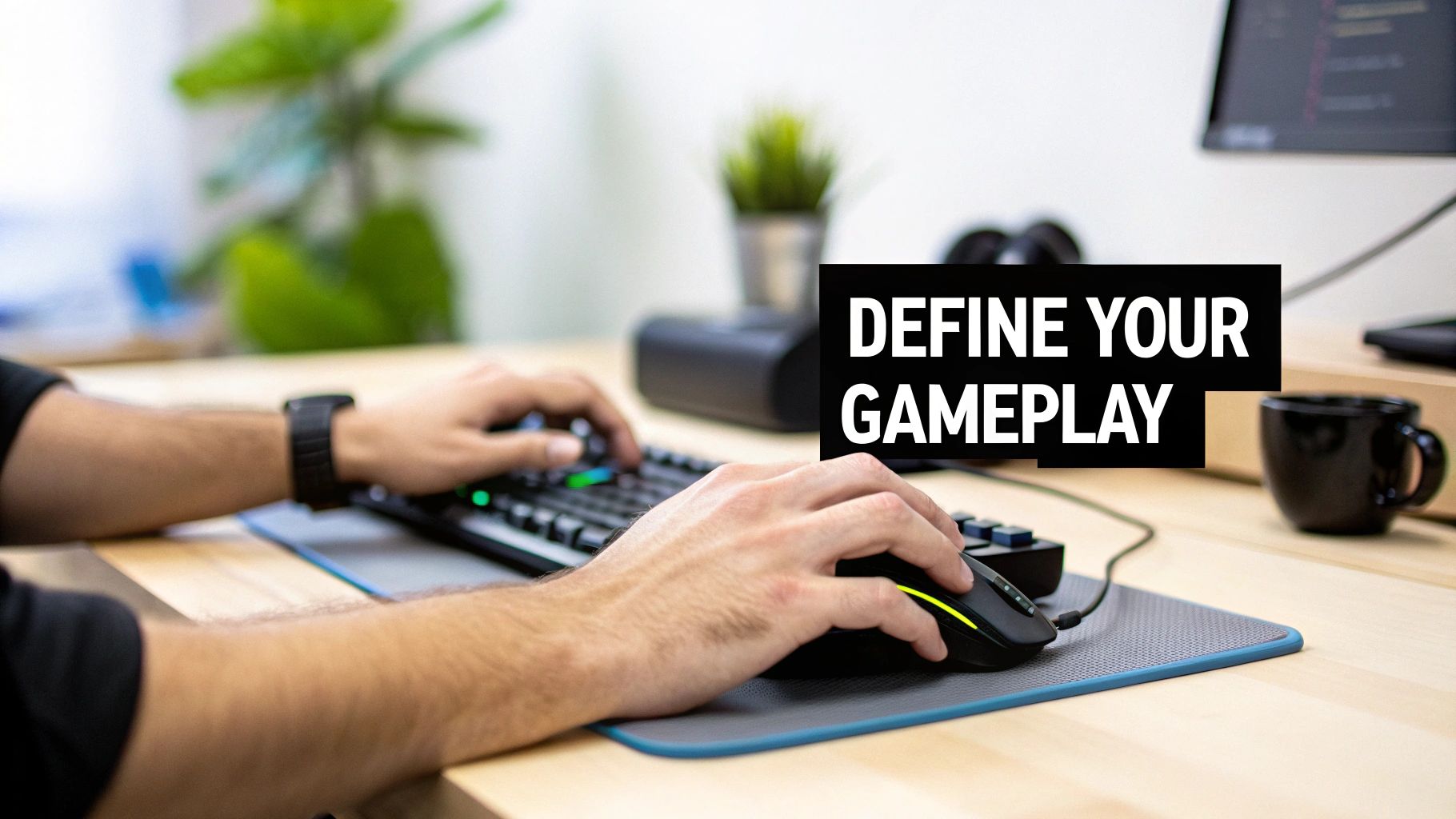 Gamer hands using gaming keyboard and mouse on desk with plants and coffee mug
