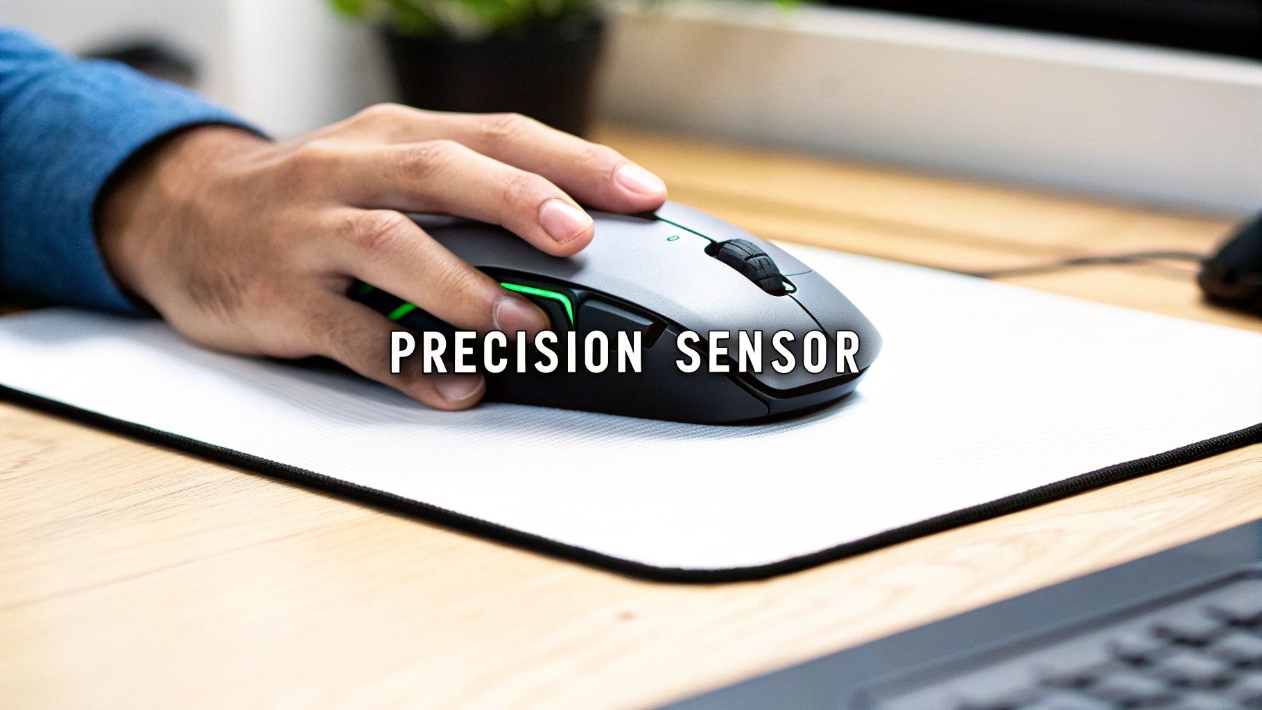 Hand using precision sensor gaming mouse with green LED lighting on white mousepad