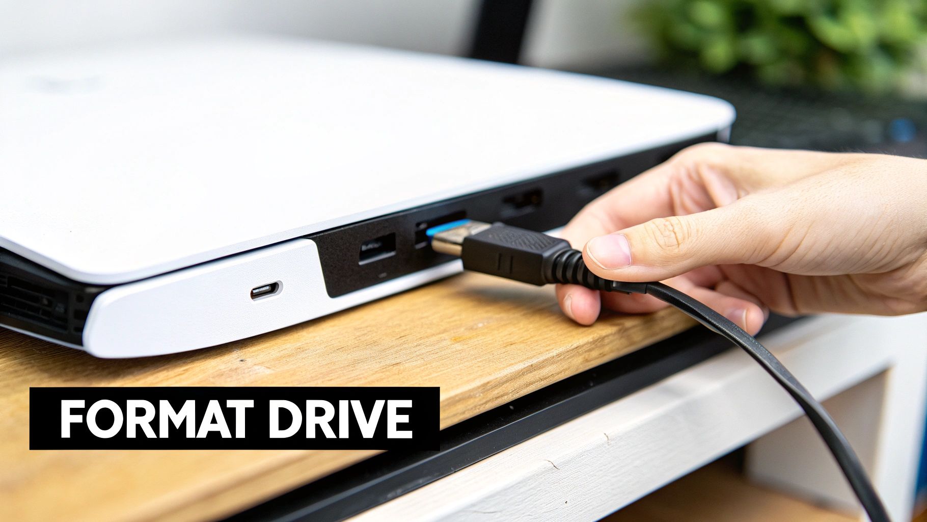 Hand plugging external hard drive USB cable into laptop computer port on wooden desk