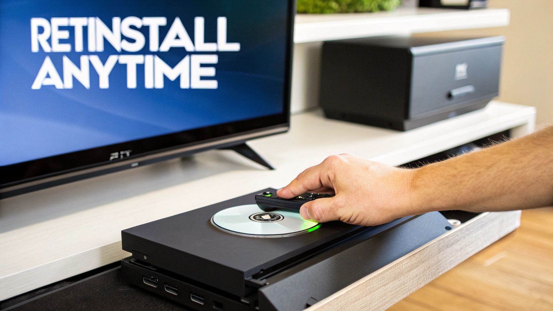 A person holding a PS4 controller while browsing their game library on the screen.