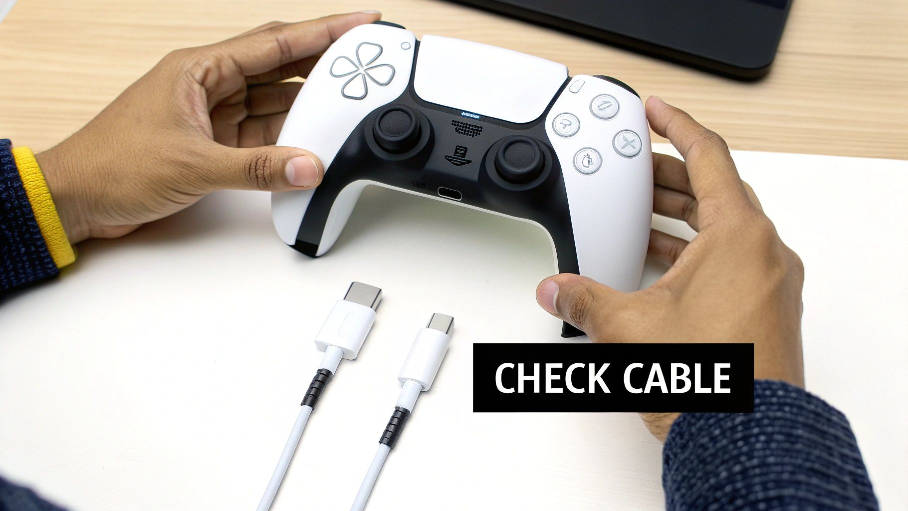 A PS5 controller connected to the console with a charging cable.