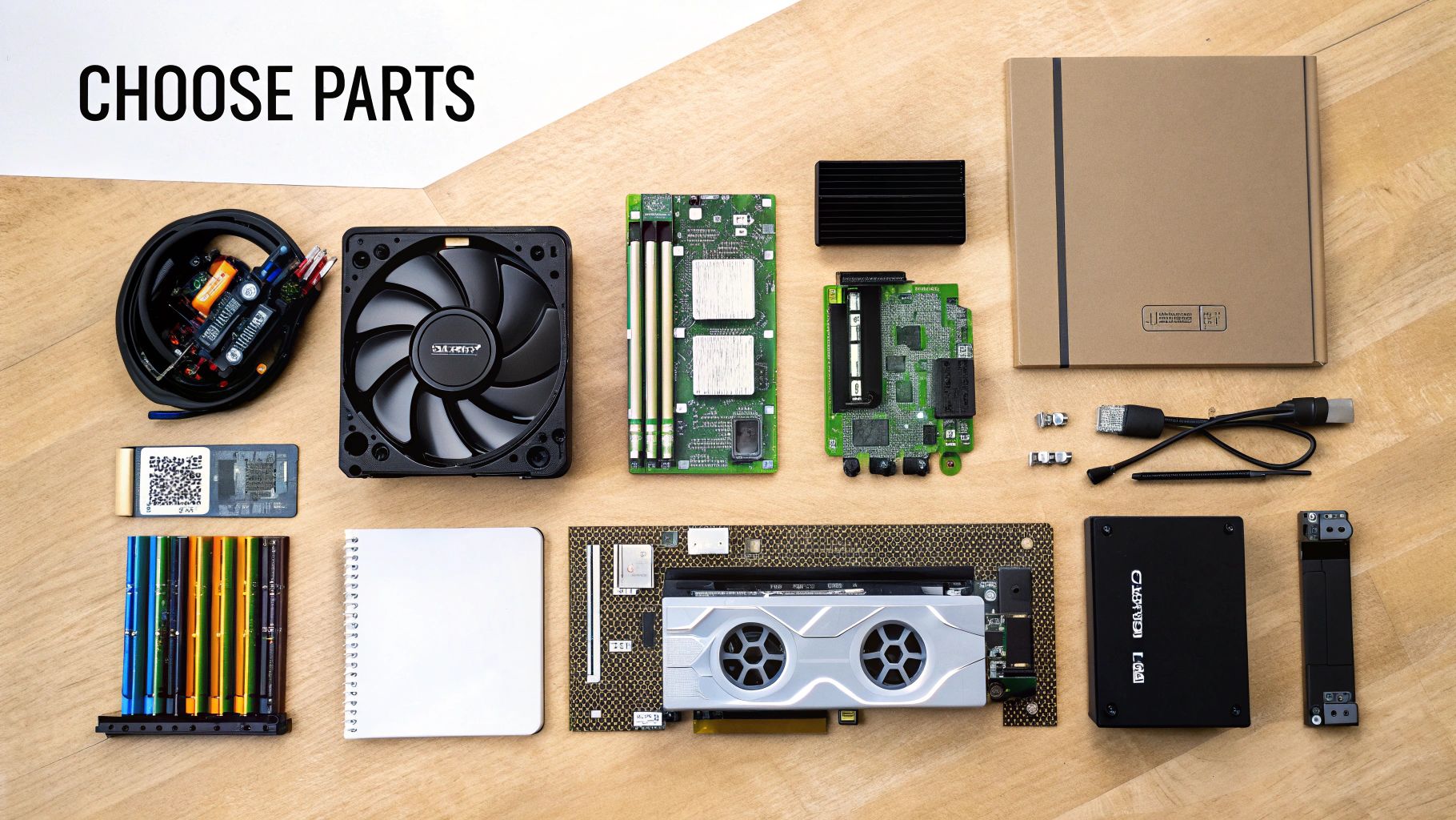 A top-down view of various PC components like a motherboard, GPU, and RAM laid out neatly.