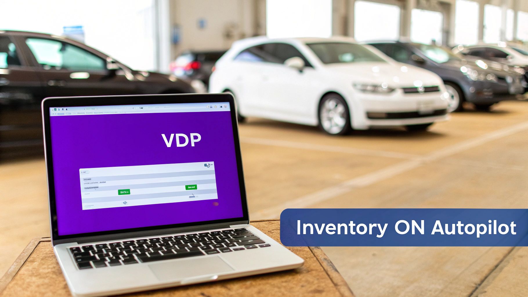 A laptop displaying VDP software for car inventory, with new cars in a dealership and an 'Inventory ON Autopilot' banner.