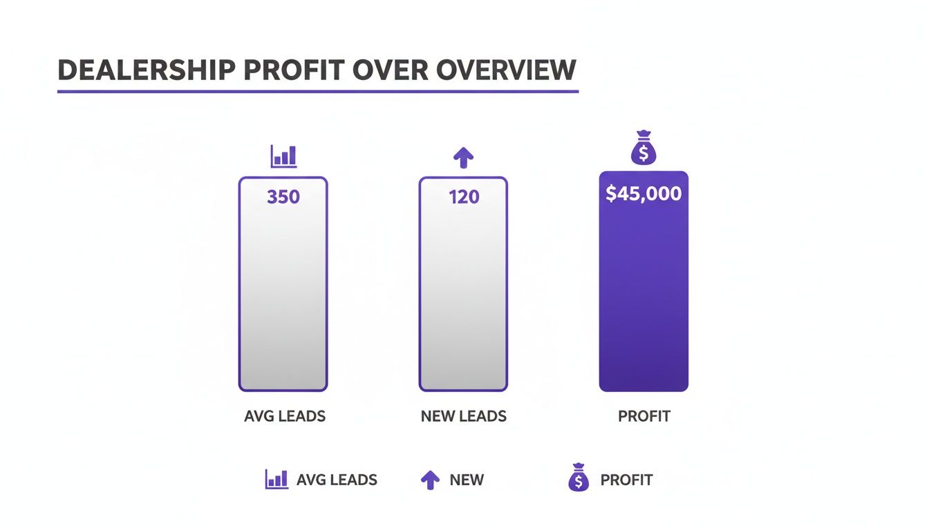 Dealership profit overview showing average leads, new leads, and total profit of $45,000.