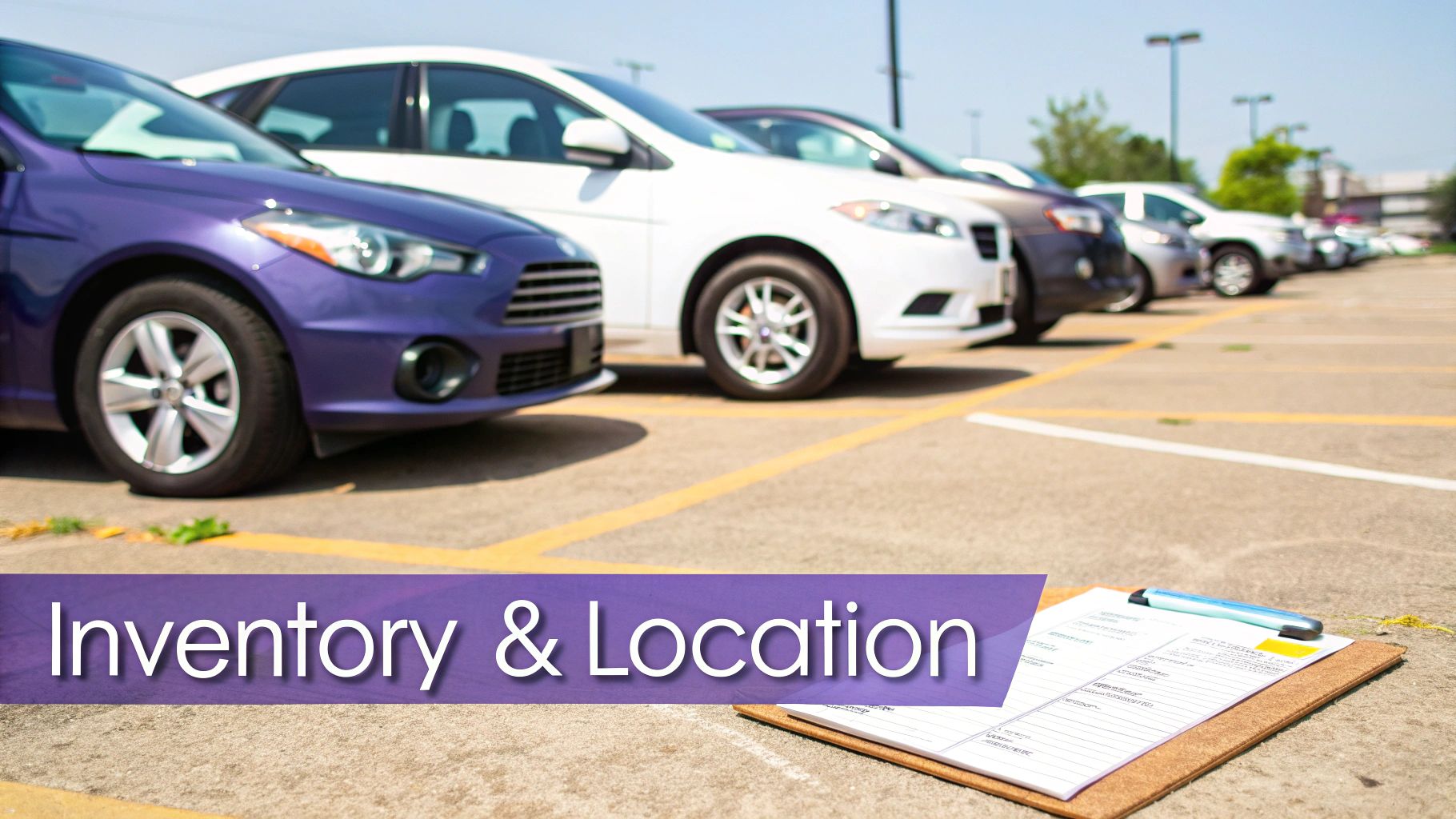 A car dealership parking lot with multiple vehicles, an 'Inventory & Location' banner, and a checklist.