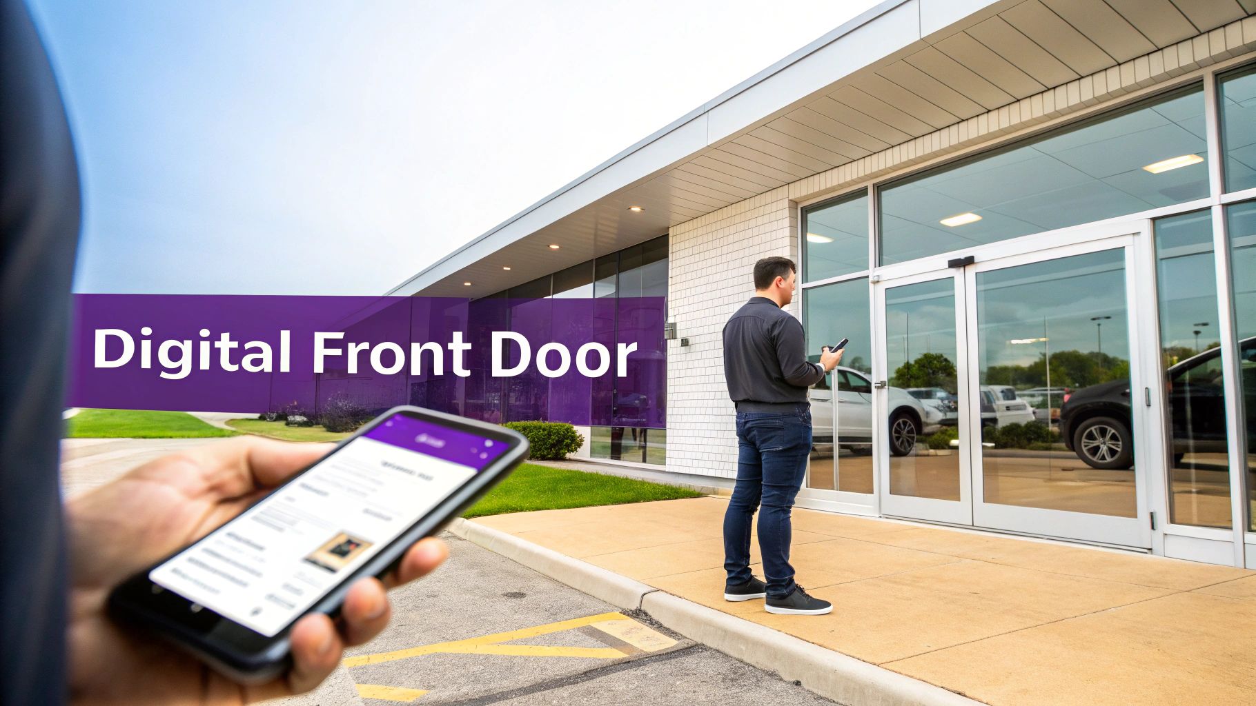 Two people using smartphones in front of a modern dealership entrance with 'Digital Front Door' text.