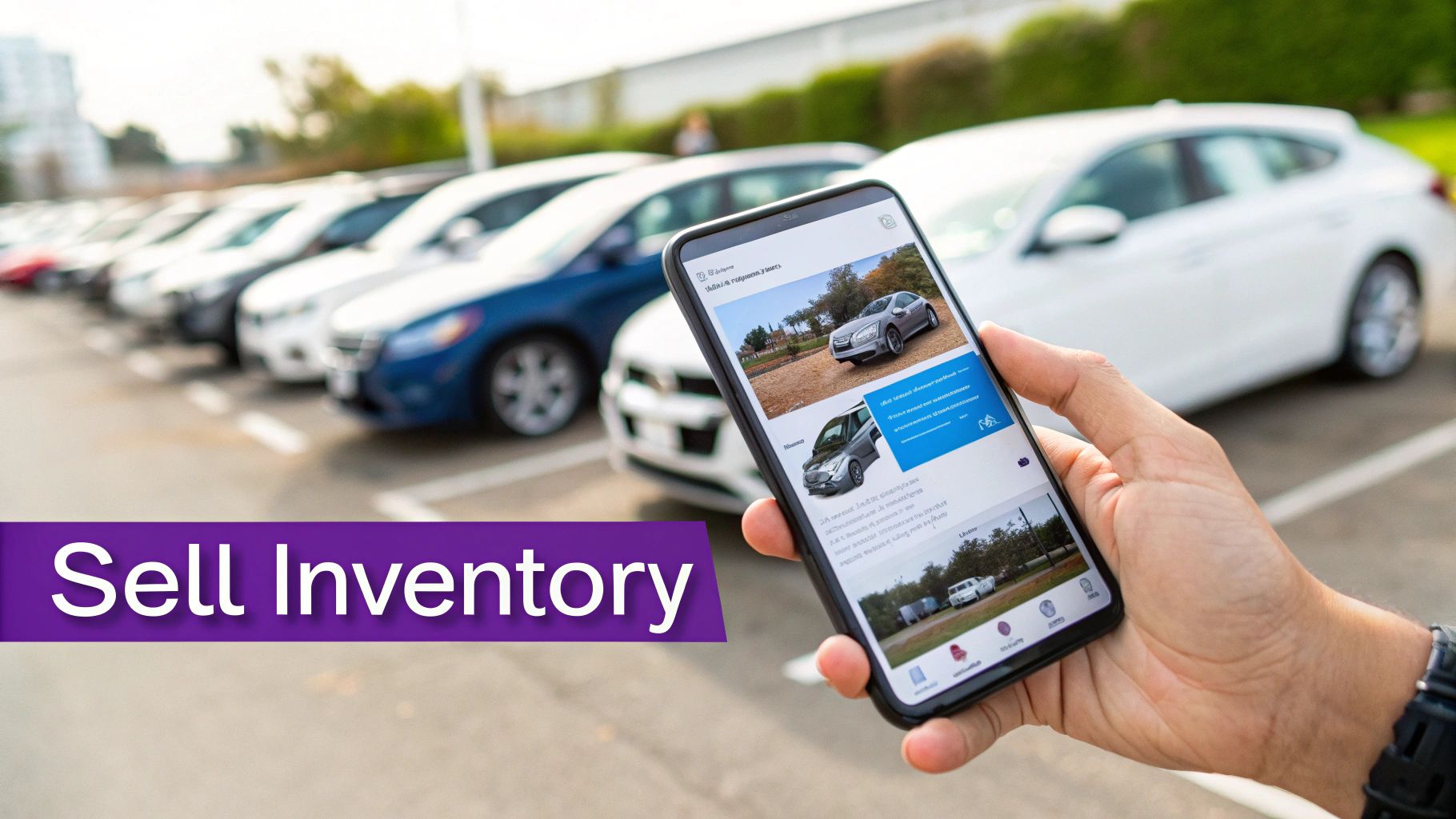 A hand holds a smartphone showing car listings, with a car dealership lot in the background and 'Sell Inventory' text.