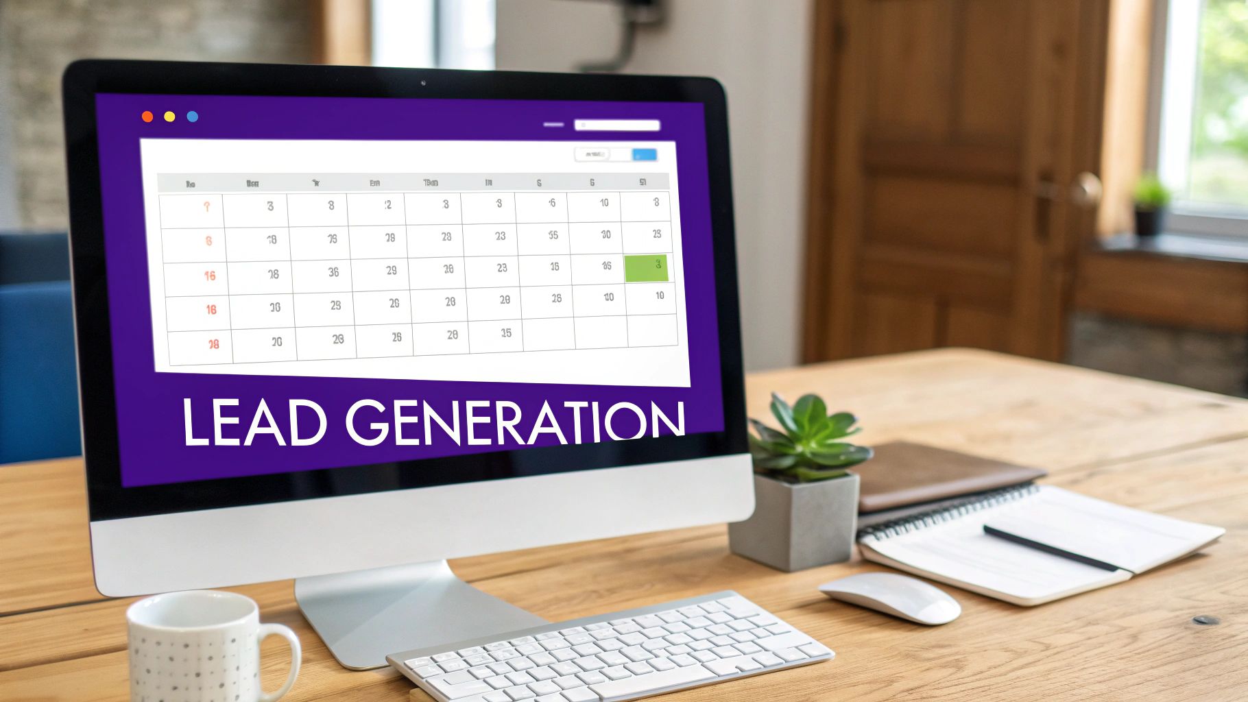A desktop computer screen displaying 'LEAD GENERATION' and a calendar on a modern wooden desk.