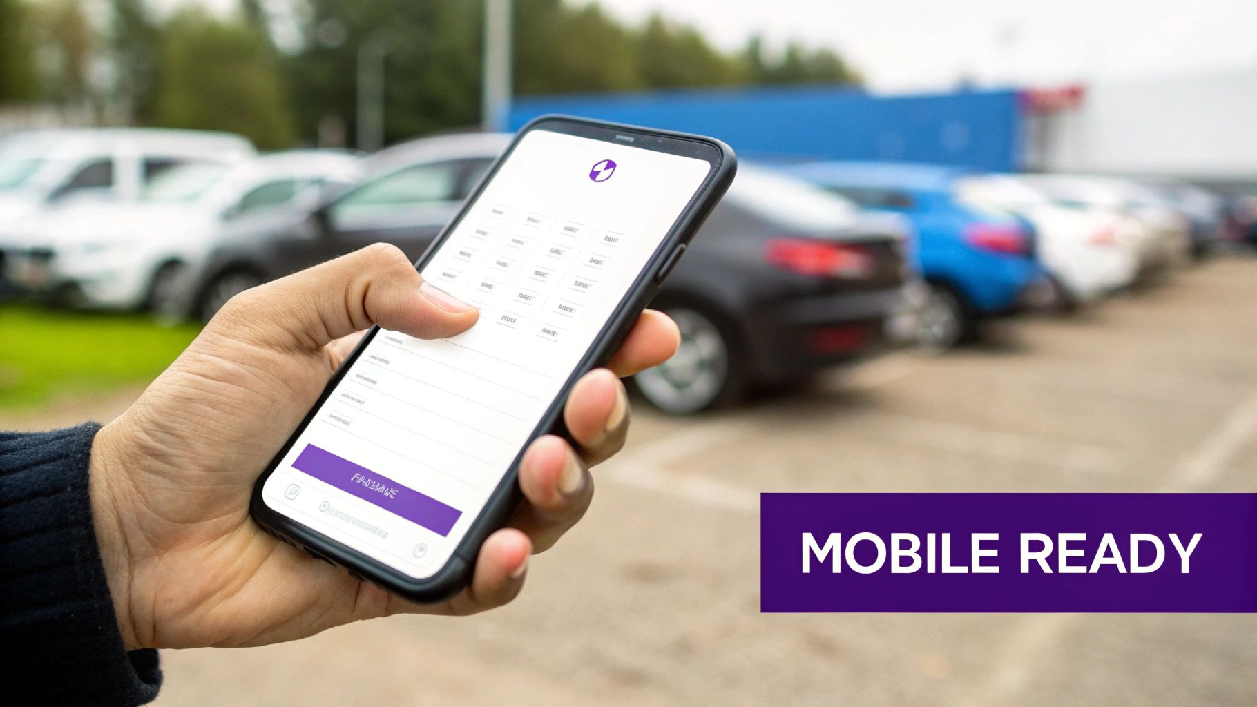 A hand holds a smartphone displaying a car service app in a car park, with 'MOBILE READY' text.