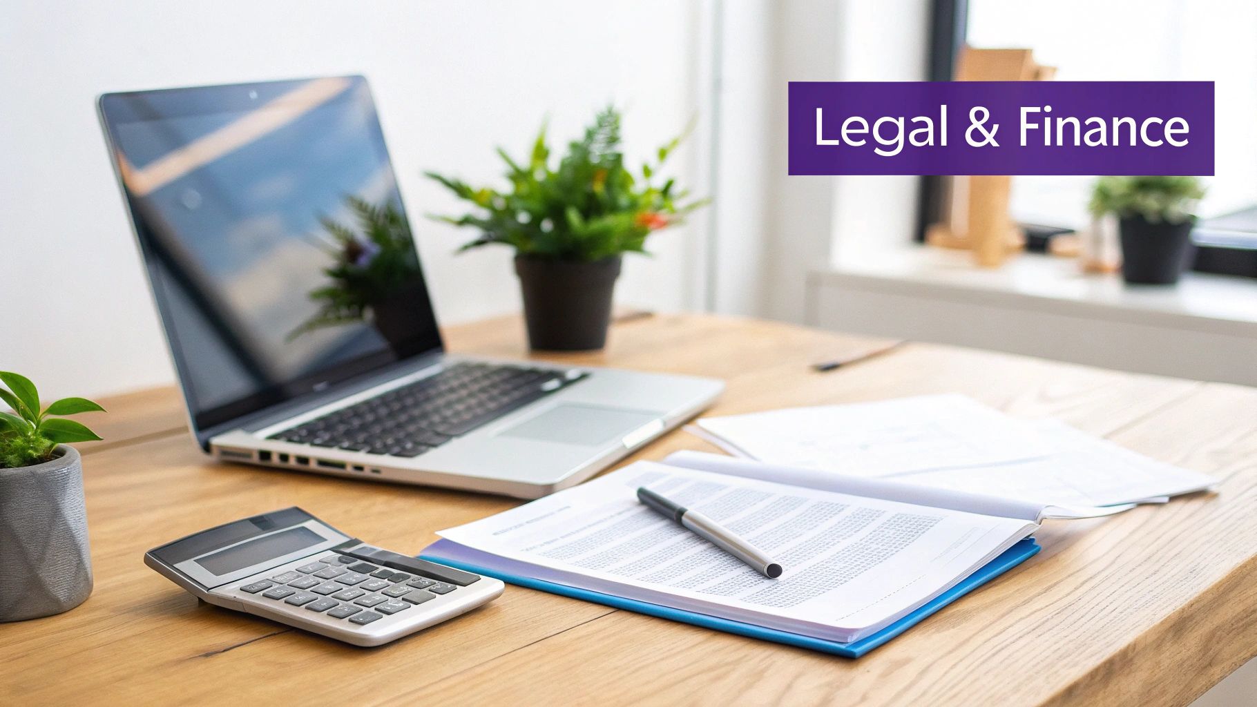 An office desk with a laptop, calculator, documents, and plants, with a 'Legal & Finance' banner.