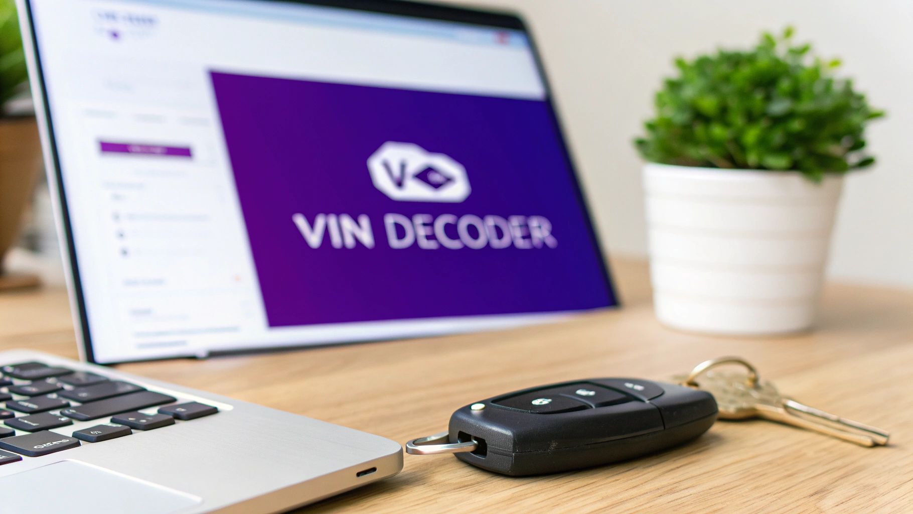 A laptop screen displays 'VIN DECODER' next to a car key and metal key on a wooden desk.