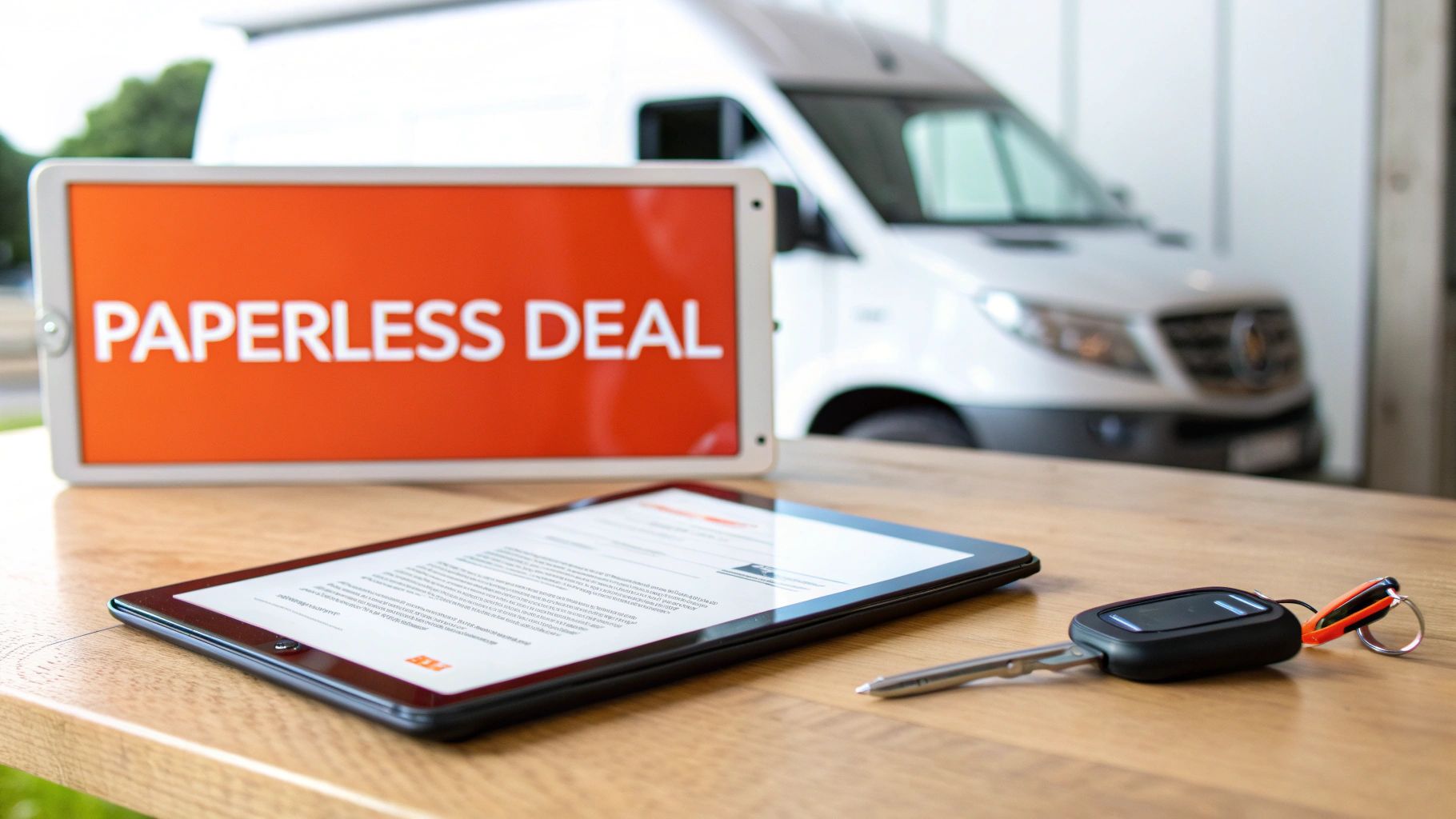 A 'PAPERLESS DEAL' sign, a tablet displaying a document, and car keys on a table with a van.