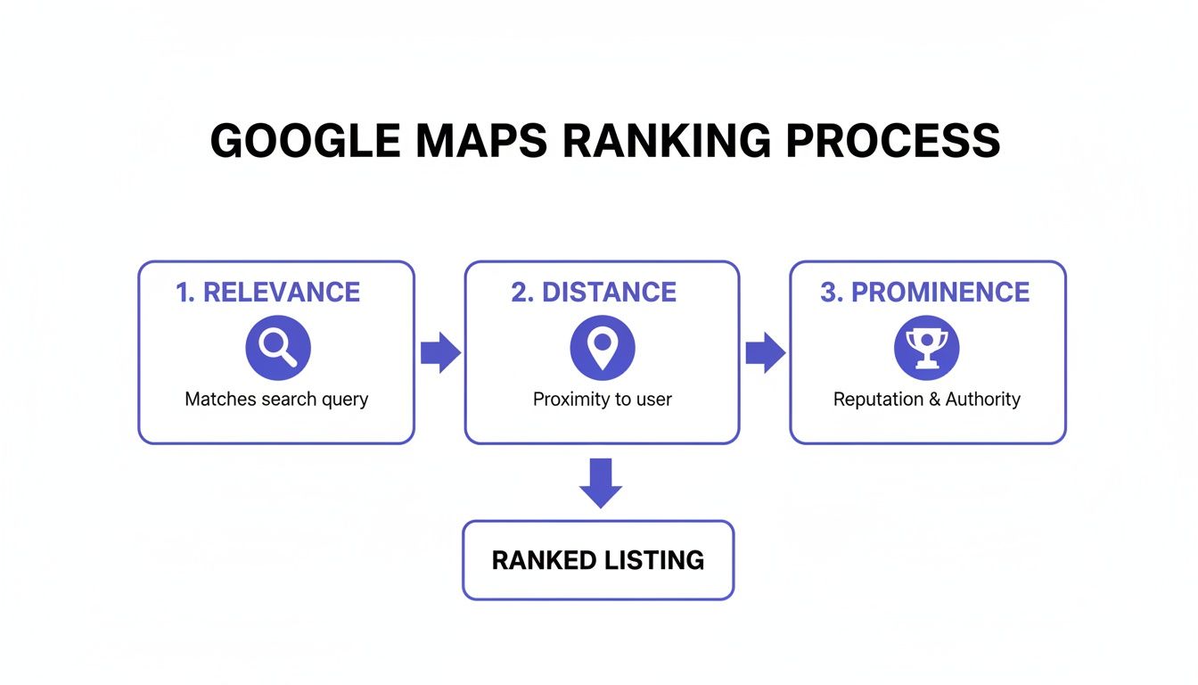 Flowchart illustrating the Google Maps ranking process, detailing relevance, distance, and prominence as key factors.