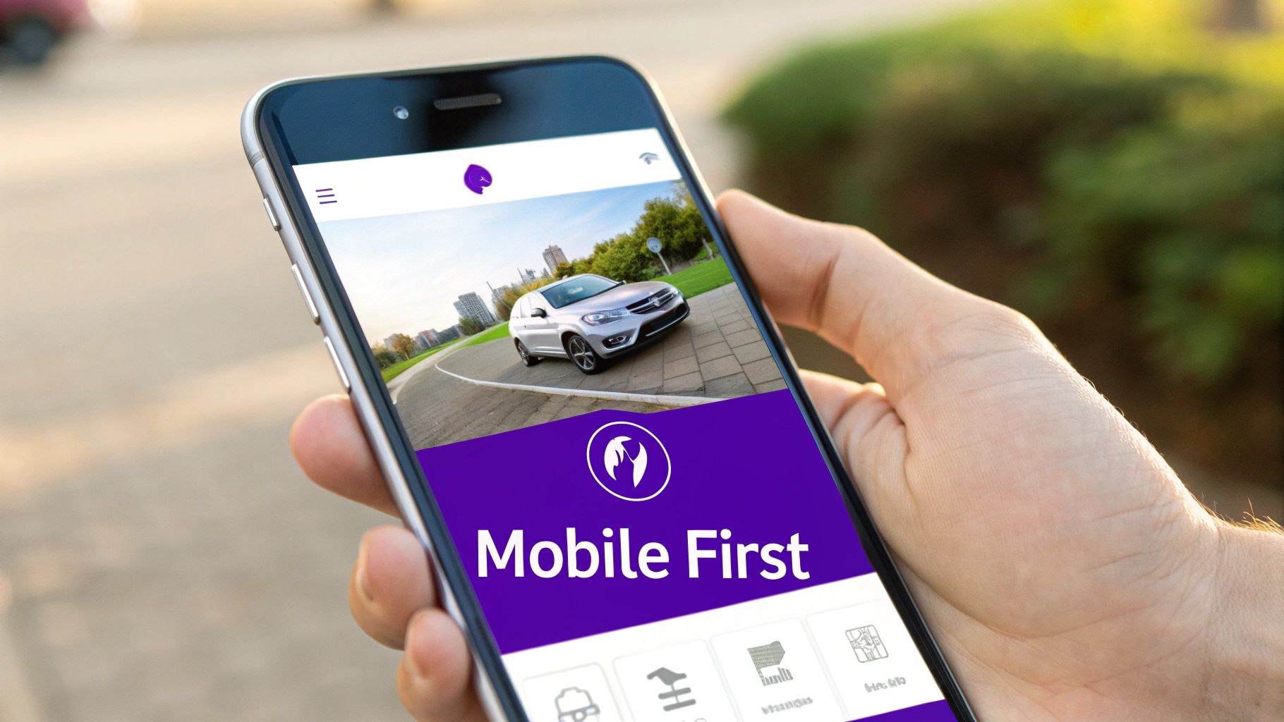A hand holds a smartphone displaying a 'Mobile First' auto dealership website with a silver car.