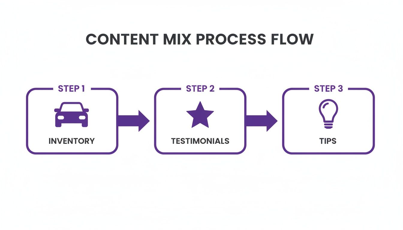 A content mix process flow diagram with three steps: Inventory (car icon), Testimonials (star icon), and Tips (lightbulb icon).
