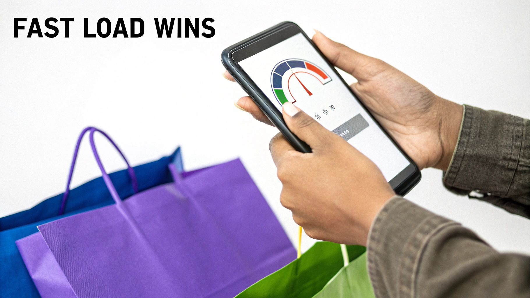 A person holds a smartphone displaying a fast load speed test next to shopping bags.