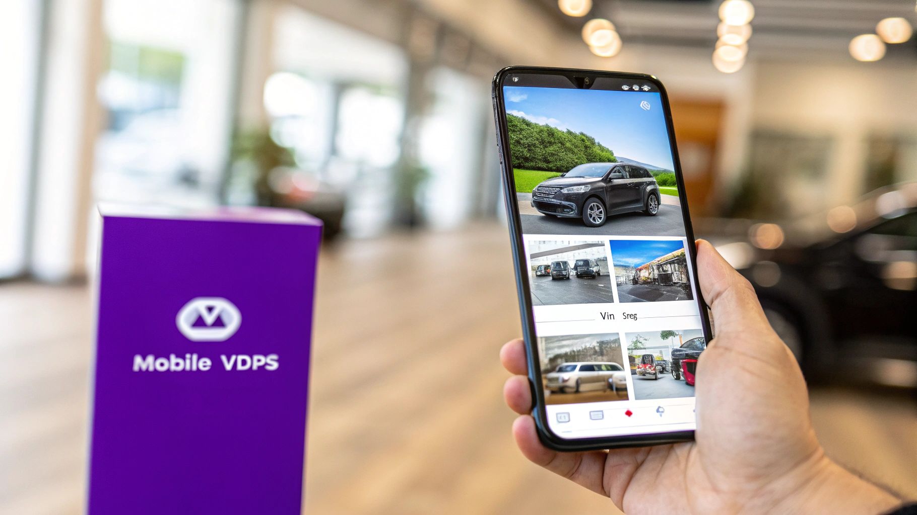 A hand holds a smartphone displaying a car inventory app in a dealership, with a Mobile VDPS stand nearby.