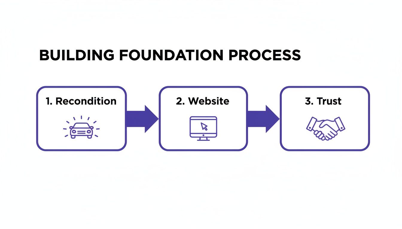 A diagram illustrating the three-step building foundation process: recondition, website, and trust.
