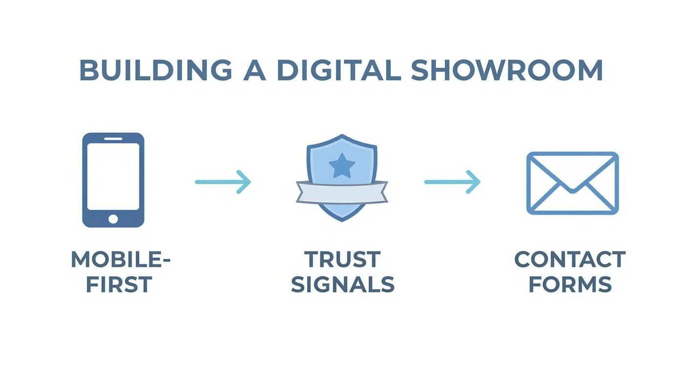 Diagram illustrating steps to build a digital showroom: mobile-first, trust signals, and contact forms.