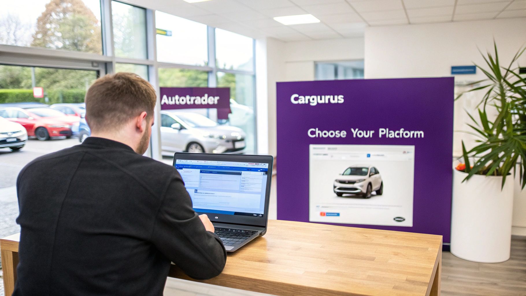 Man using laptop at car dealership, with Autotrader and Cargurus marketing displays in background.