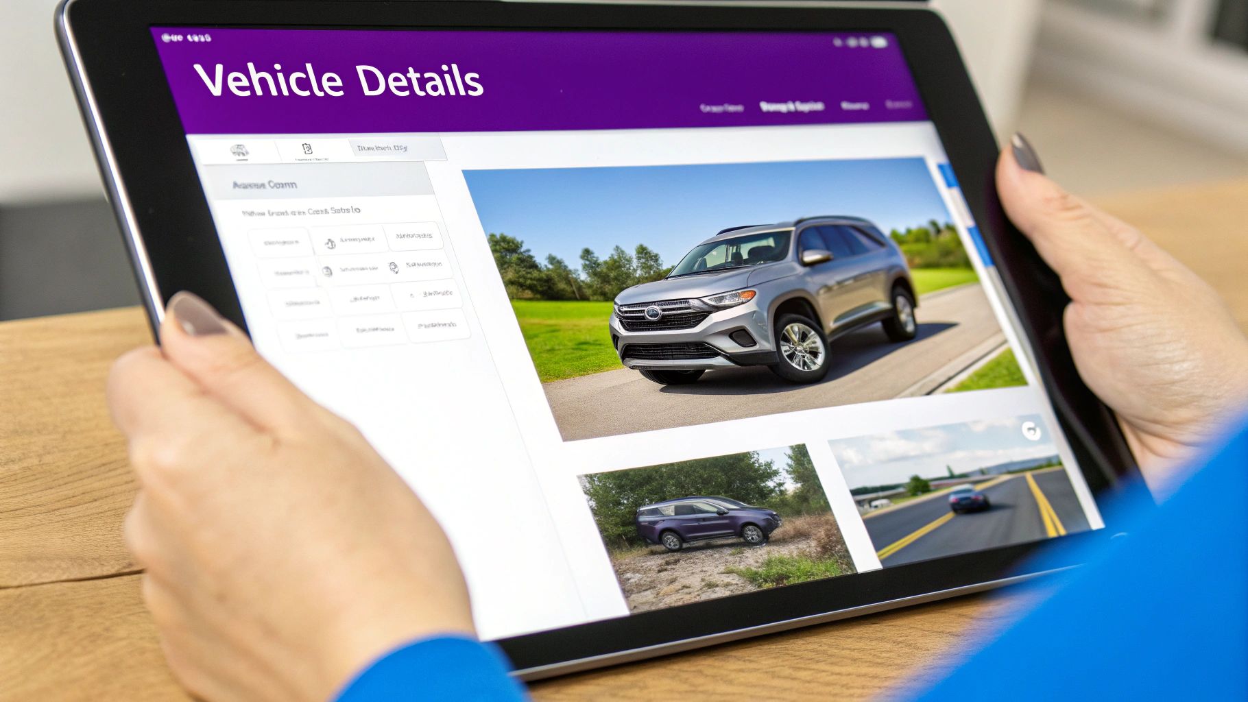 A person holds a tablet displaying 'Vehicle Details' with multiple car images, including a silver SUV.
