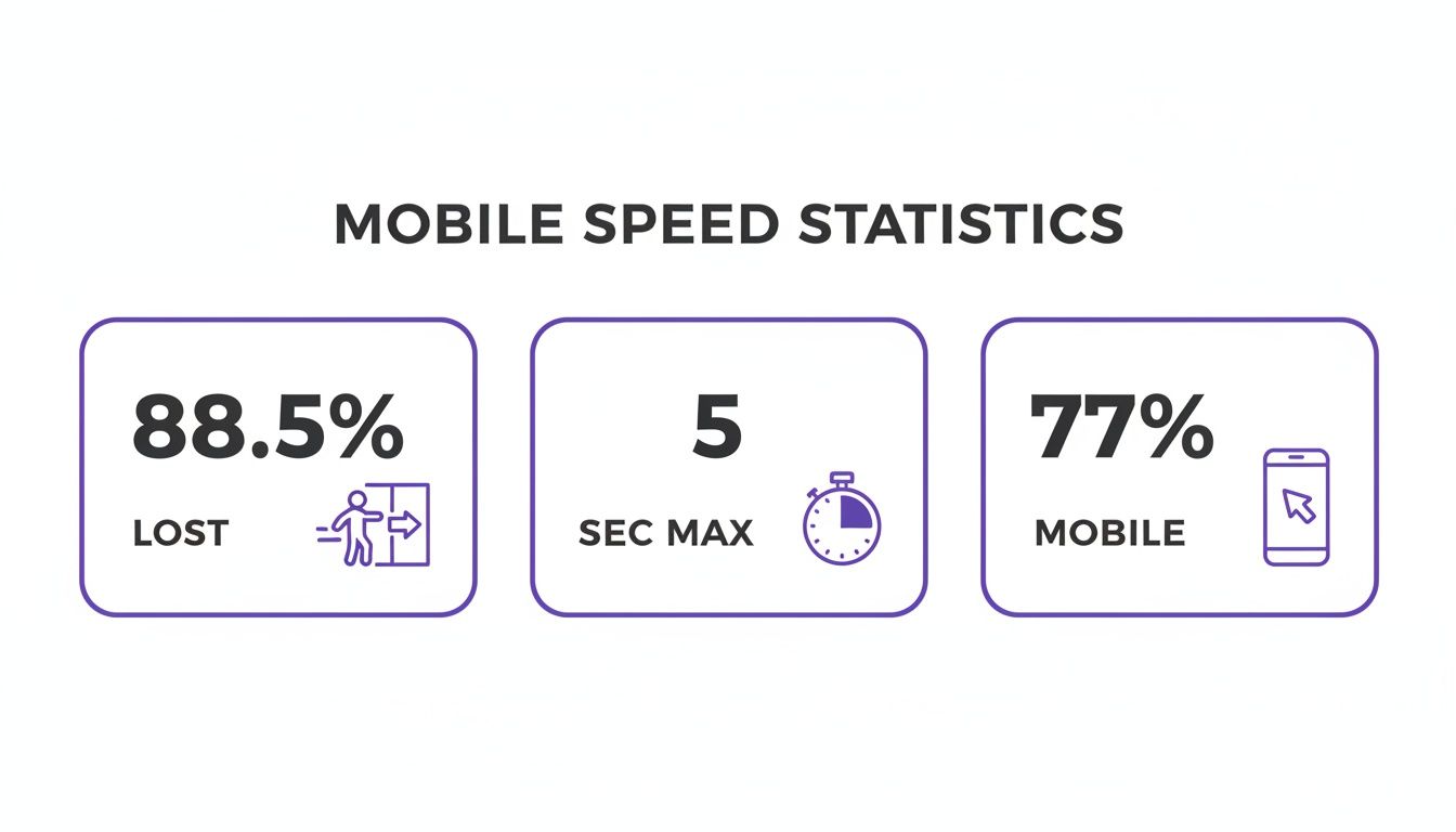 Mobile speed statistics showing 88.5% lost, 5 seconds maximum load time, and 77% mobile traffic.