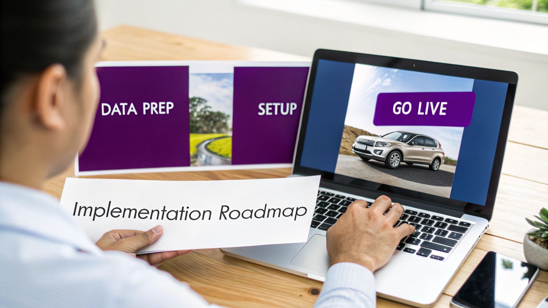 A person reviews an "Implementation Roadmap" document and works on a laptop displaying "GO LIVE" with a car.