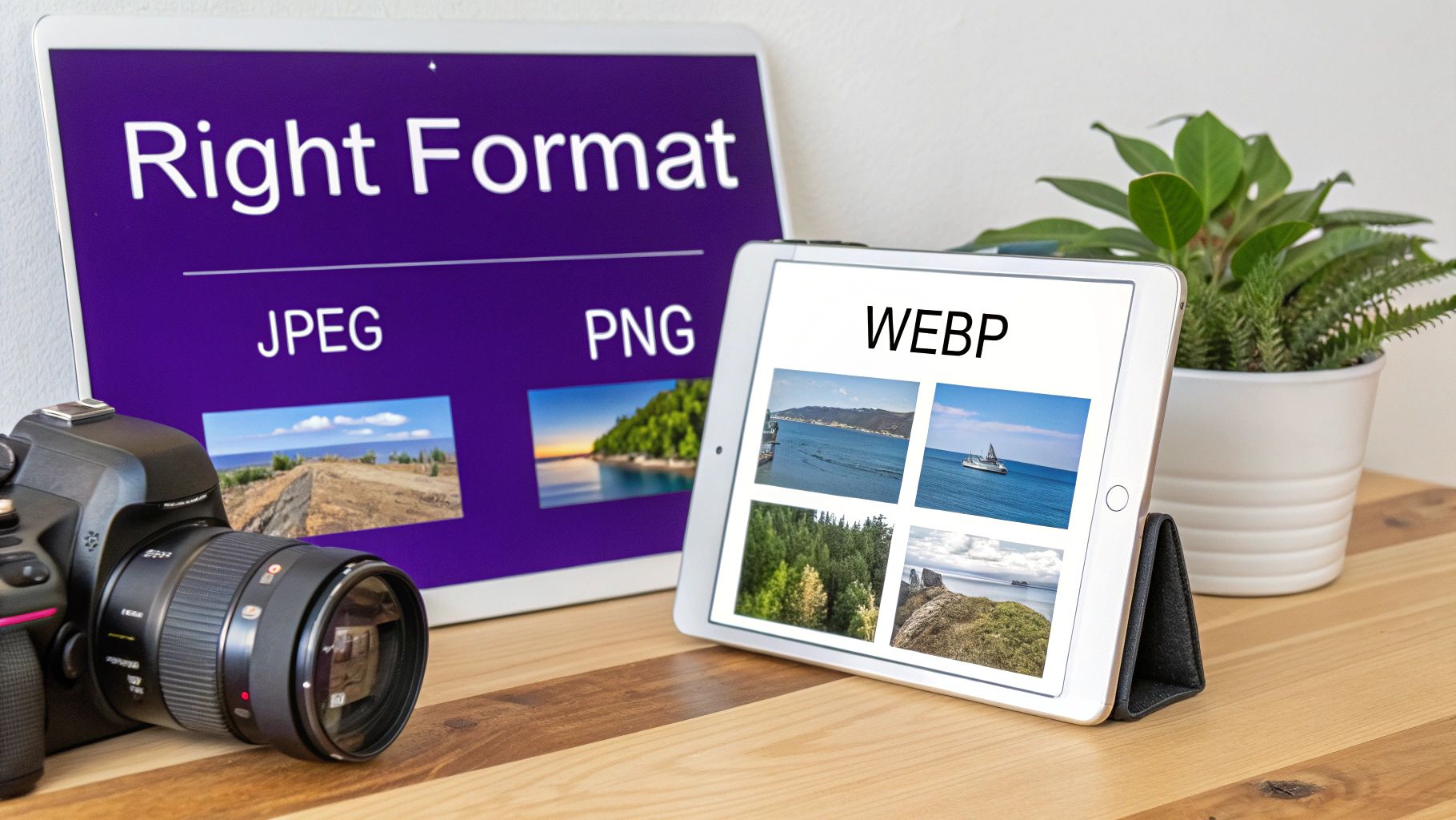 Digital camera next to two tablets displaying various image formats: JPEG, PNG, WEBP, highlighting web optimization.