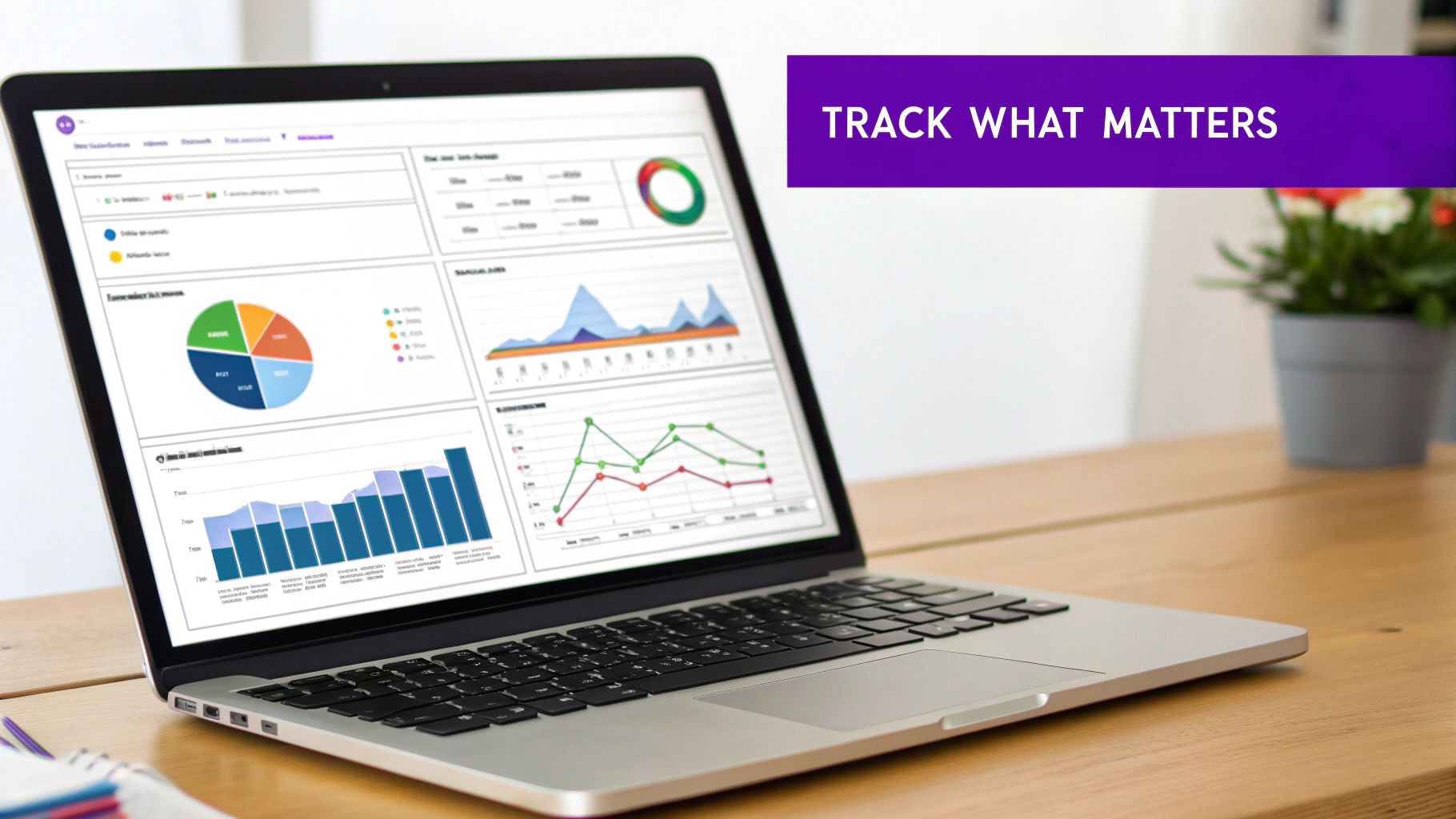 Open laptop on a wooden desk showing data analytics dashboards with various charts and graphs.