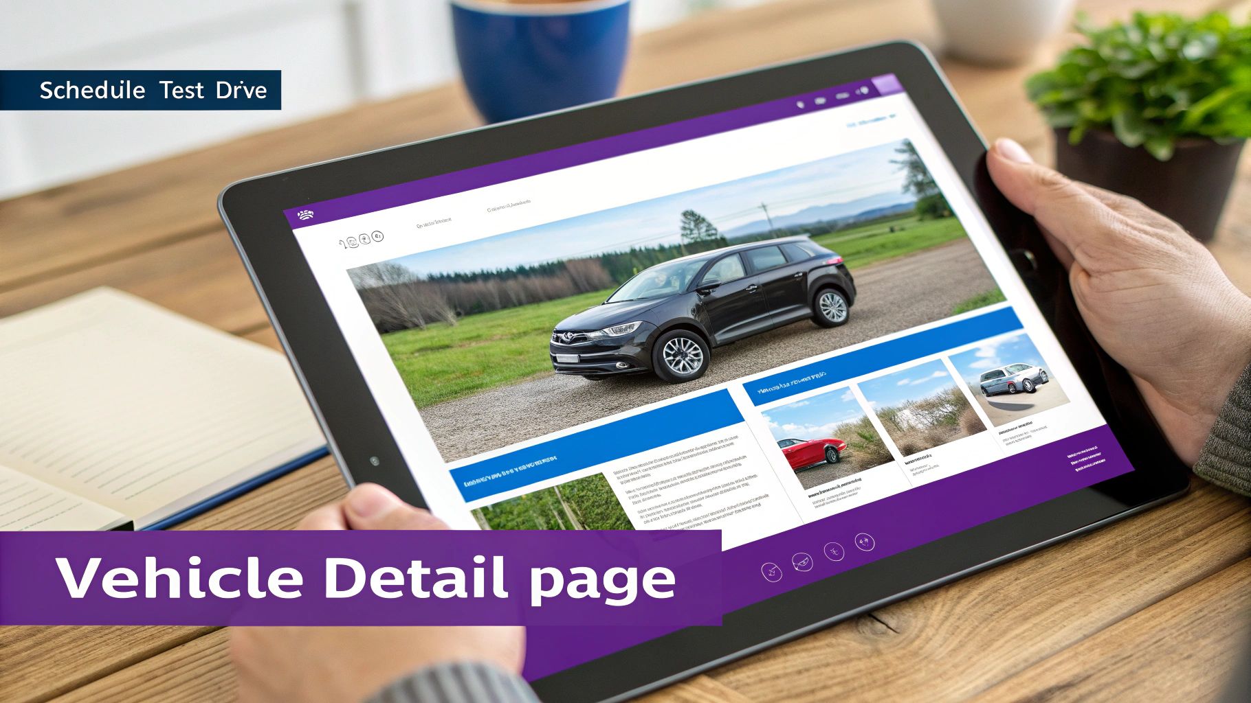 Hands holding a tablet displaying a car dealership website with a grey SUV and a 'Schedule Test Drive' button.