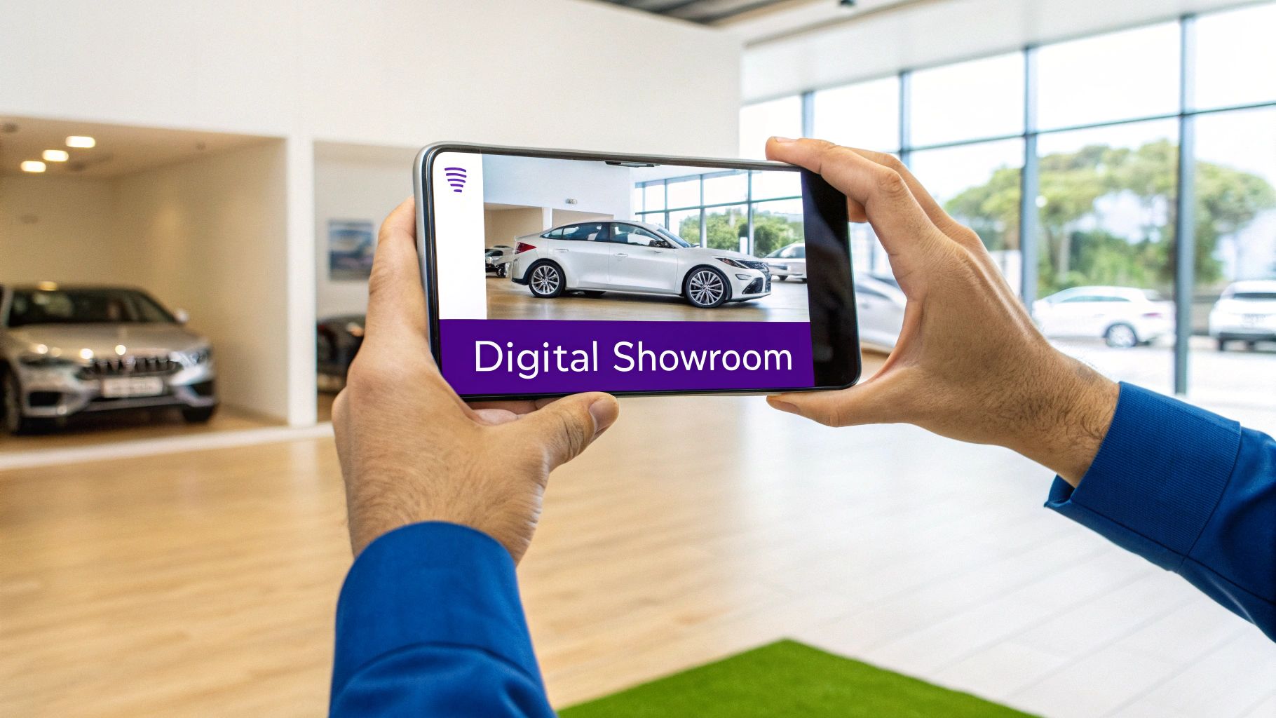 Hands hold a smartphone displaying 'Digital Showroom' with a white car in a car dealership.