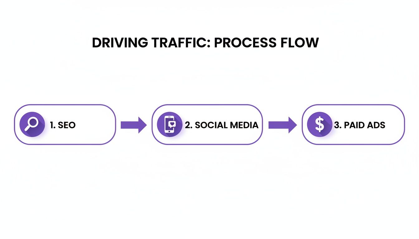 Process flow diagram showing three steps to drive traffic: 1. SEO, 2. Social Media, 3. Paid Ads.