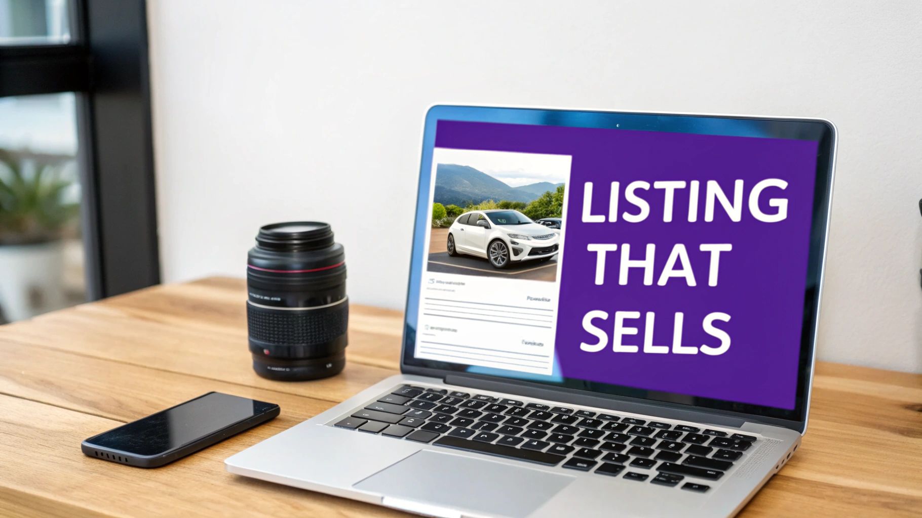 Laptop displaying a car listing with "LISTING THAT SELLS" on screen, a camera lens, and smartphone.