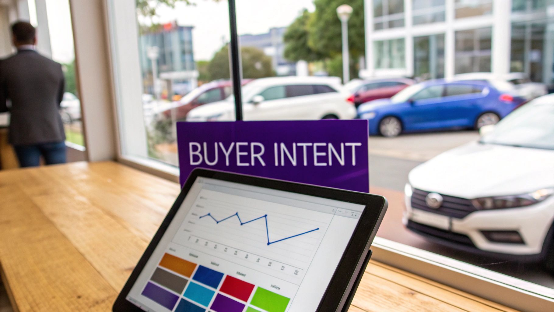 A tablet displaying buyer intent data with graphs and color swatches, next to a 'BUYER INTENT' sign and cars outside.