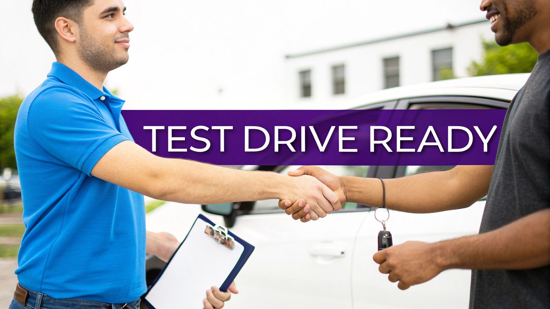 Smiling car salesman and customer shaking hands with keys, ready for a test drive.