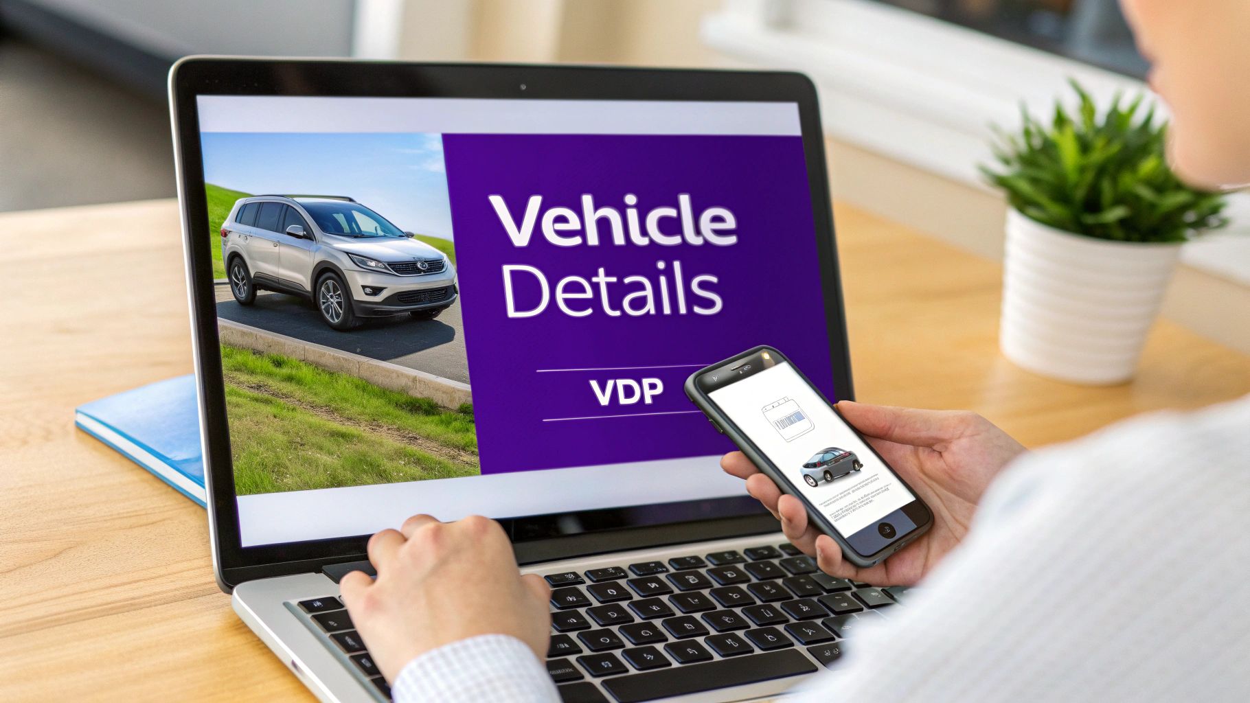 Person uses laptop and smartphone to view vehicle details, likely for car sales or management.