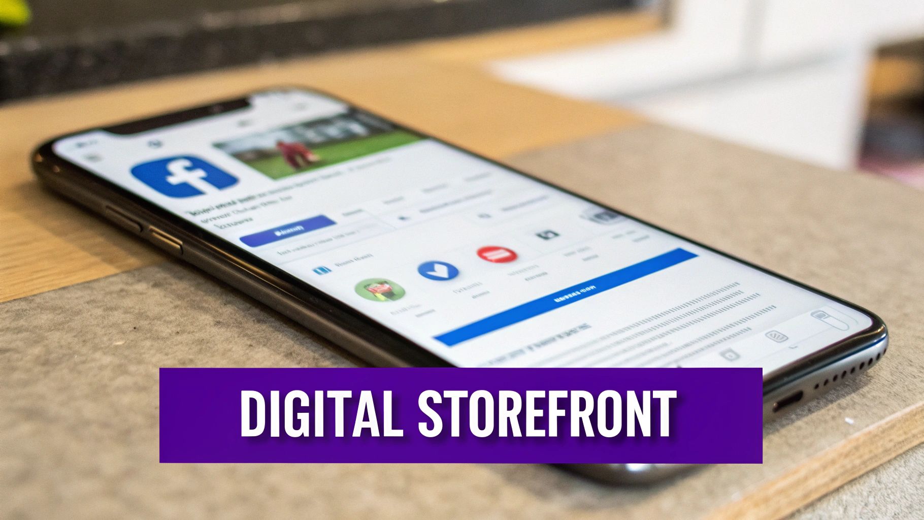 A smartphone displaying the Facebook app on a table, symbolizing a digital storefront for businesses.