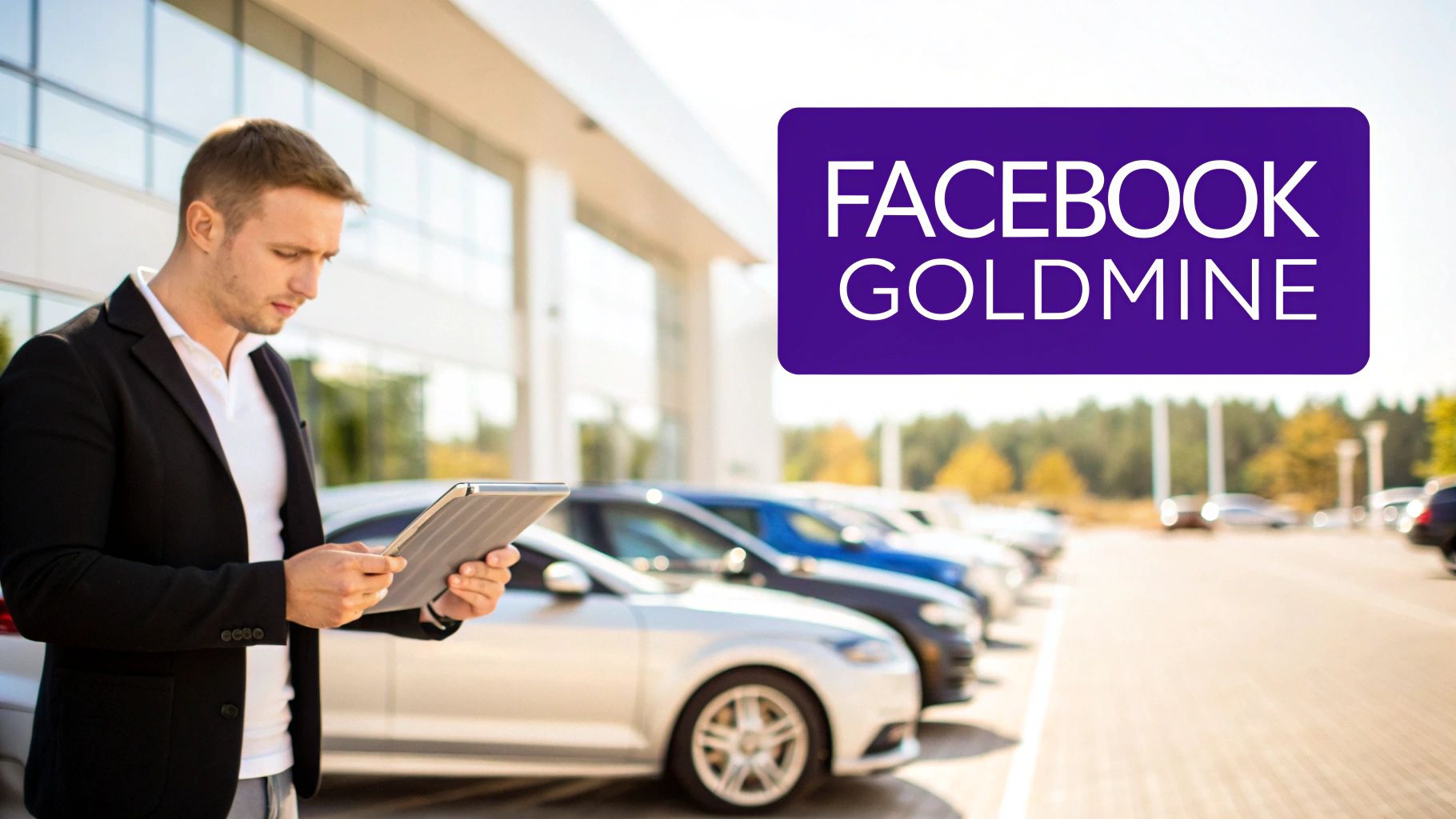 A man in a black jacket and white shirt looks at a tablet at a car dealership.