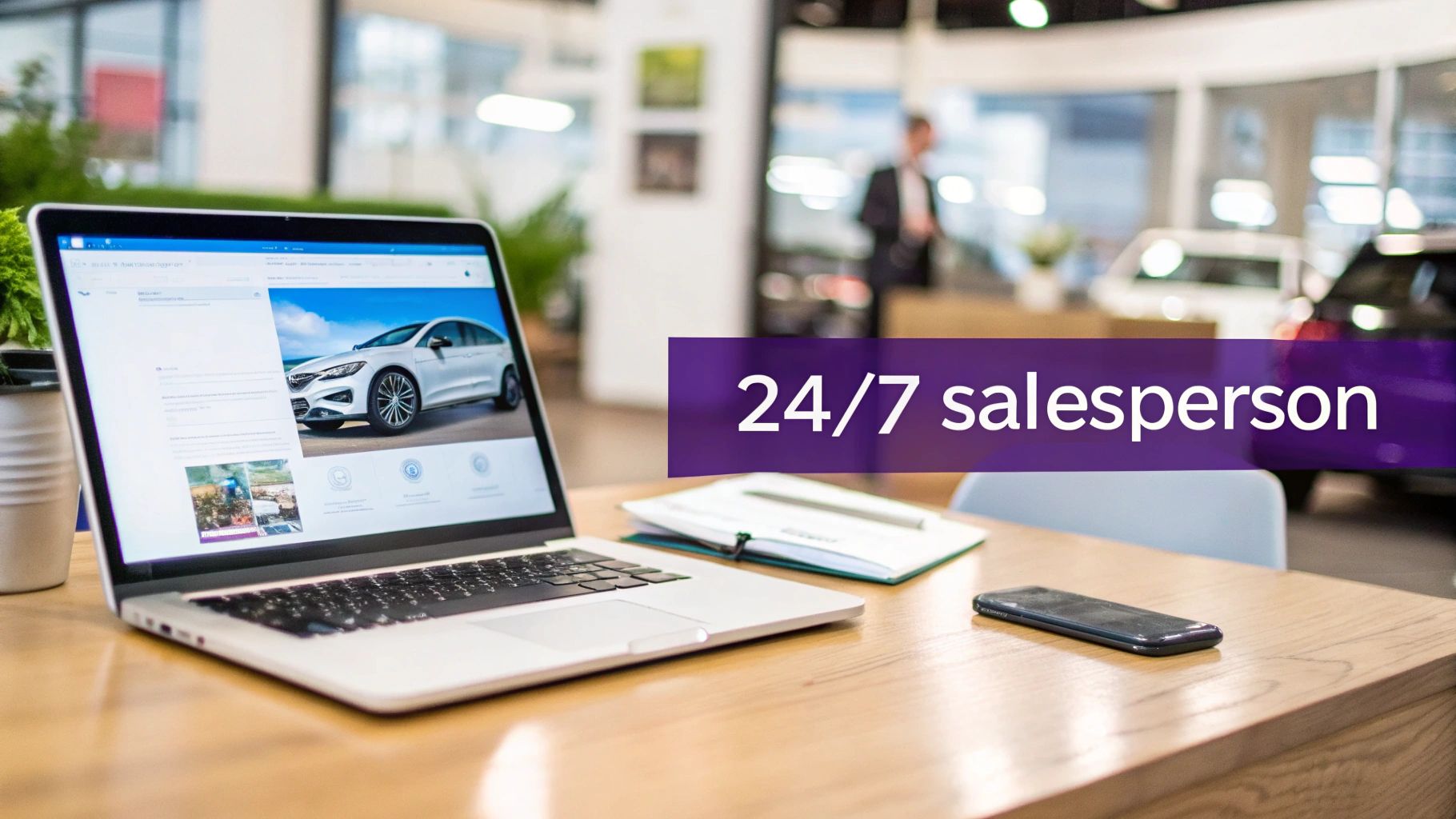 A laptop on a wooden desk displays a car showroom website with a white car, next to a '24/7 salesperson' banner.