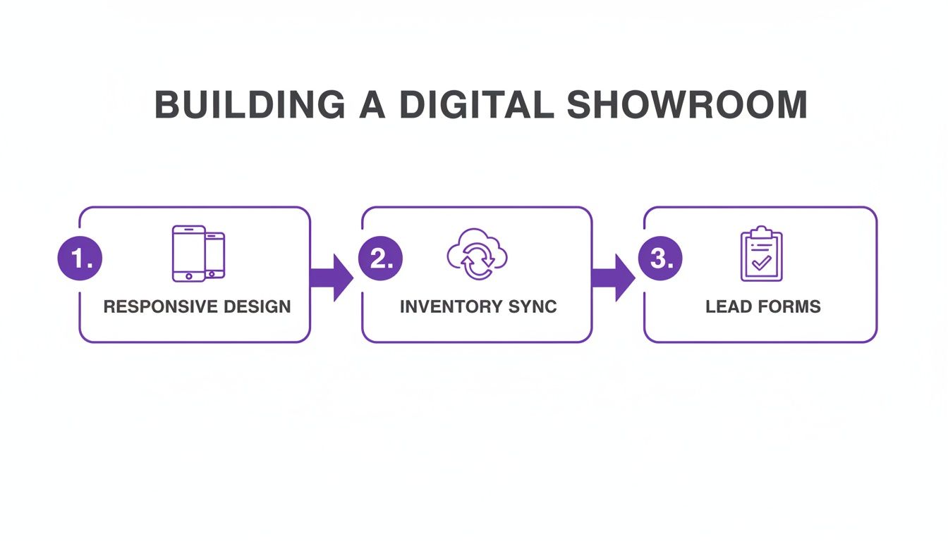 Flowchart illustrating three steps to build a digital showroom: responsive design, inventory sync, and lead forms.