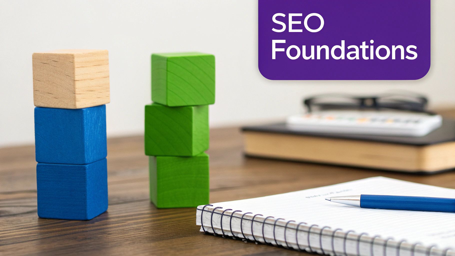 Wooden building blocks, a notebook, and a pen on a desk with 'SEO Foundations' text, symbolizing strategic groundwork.