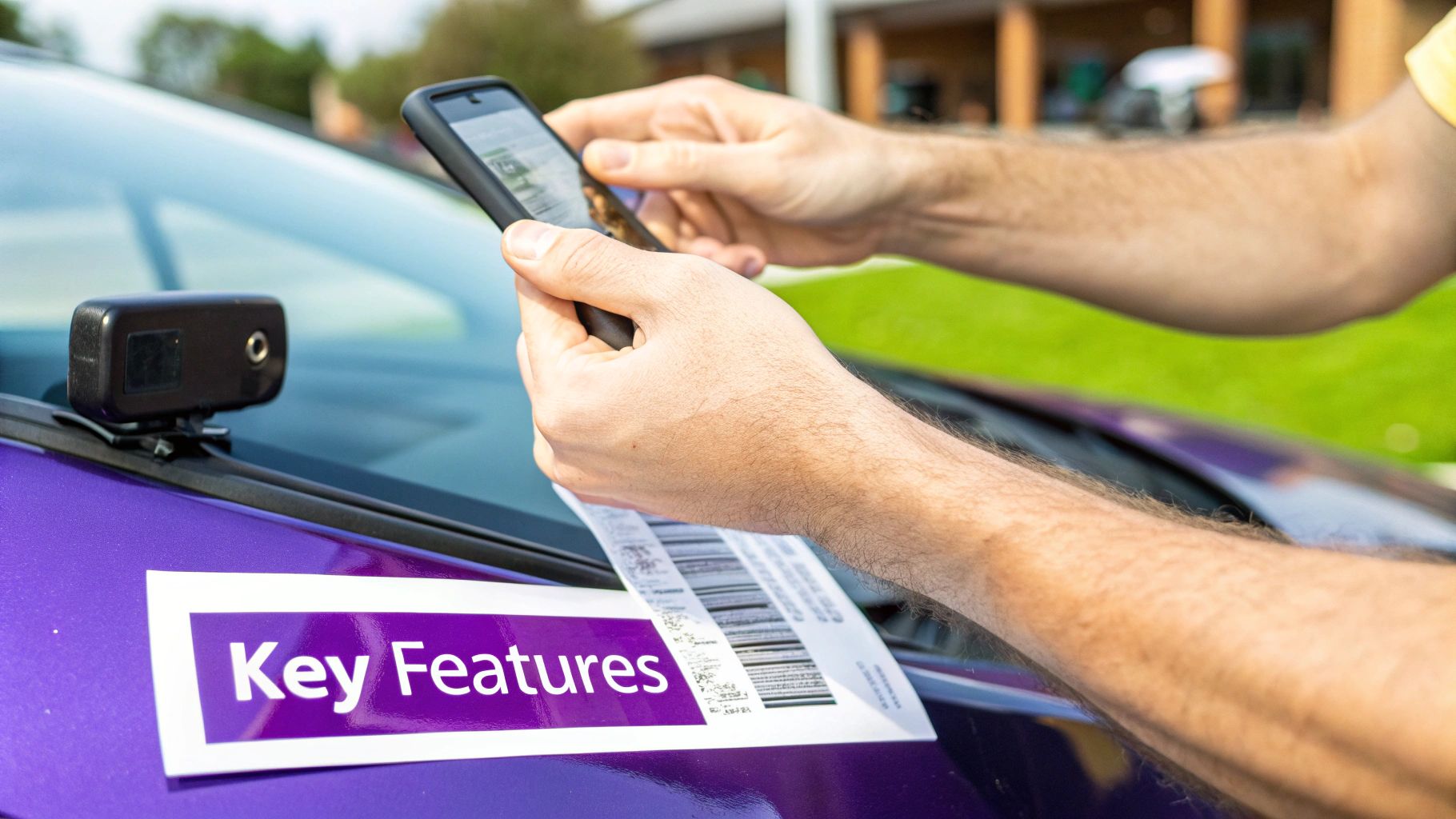 Person using a smartphone to scan a barcode on a purple car, likely for inventory management.