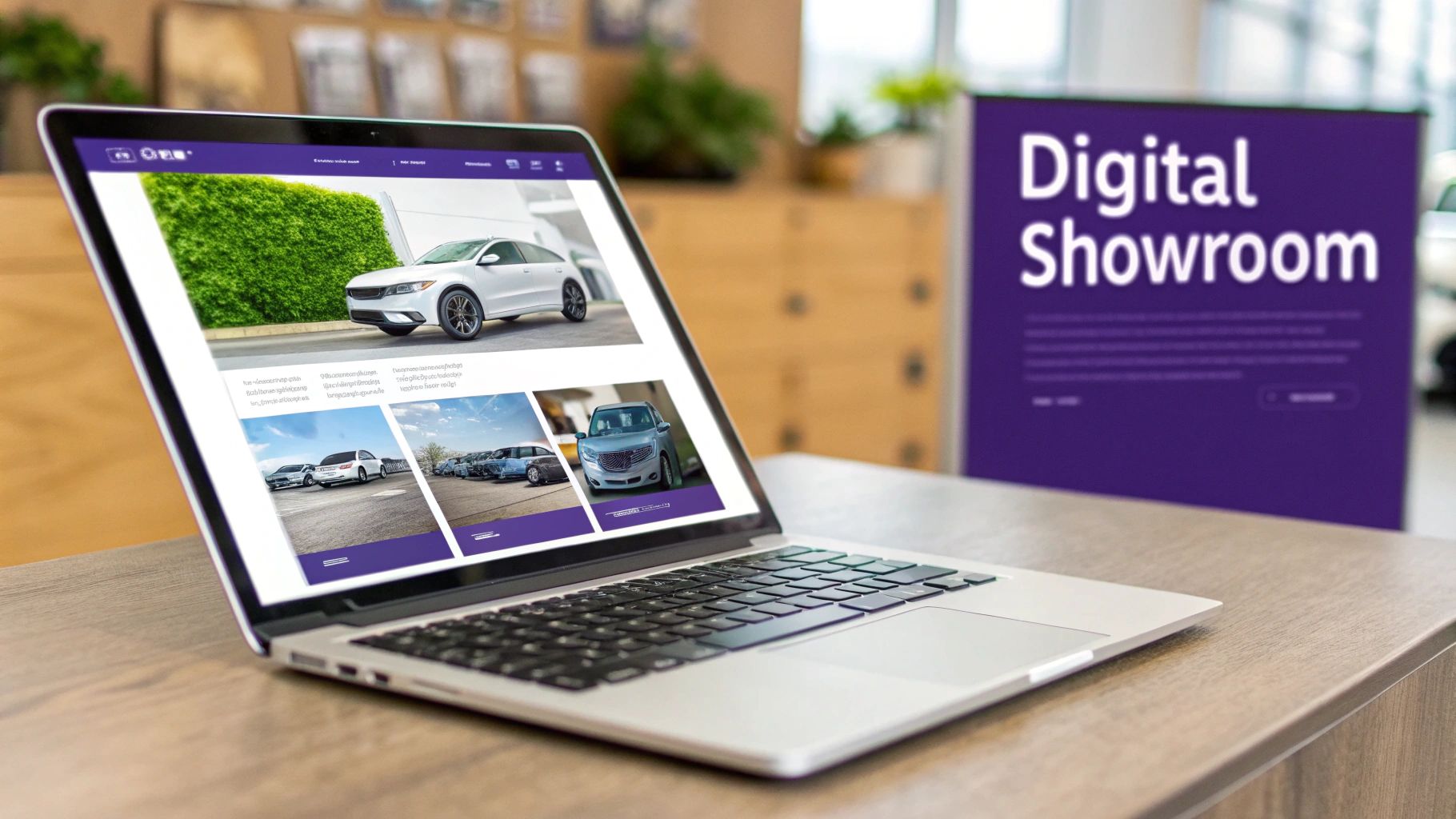 A laptop displaying a website with various cars, alongside a 'Digital Showroom' sign in a modern office.