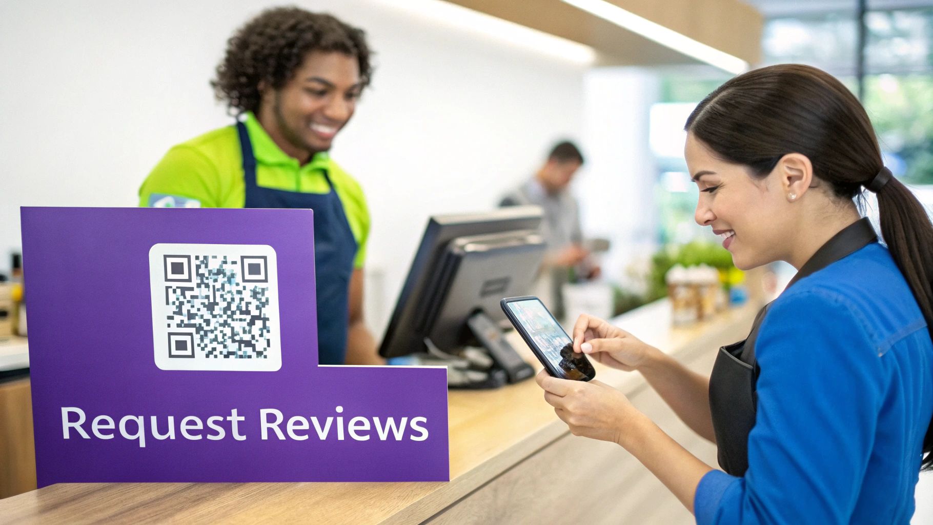 A smiling employee scans a QR code for 'Request Reviews' with a smartphone while a colleague smiles behind.