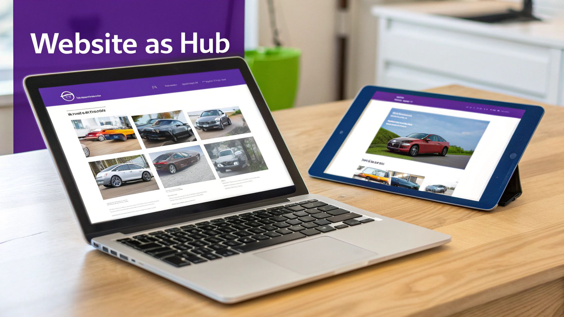 Laptop and tablet showcasing a car dealership website with various vehicle models, illustrating a digital hub.