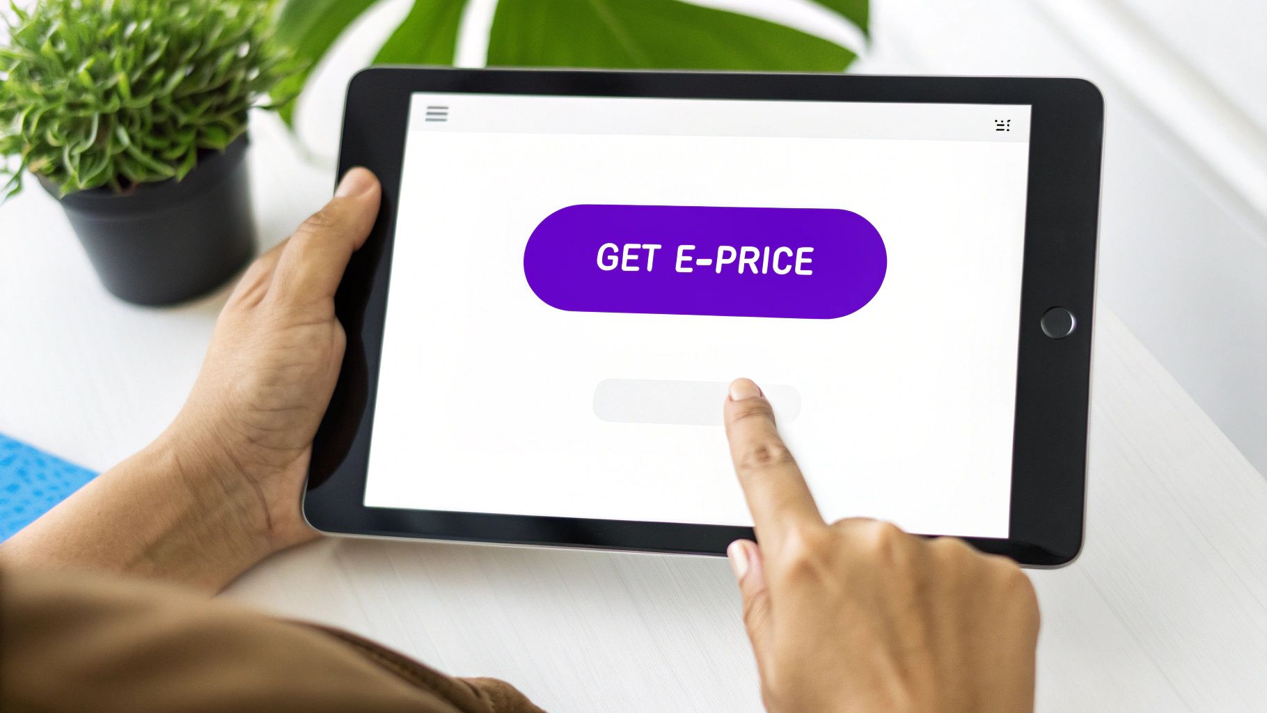 A person holds a tablet displaying a 'GET E-PRICE' button and an input field, tapping the screen.