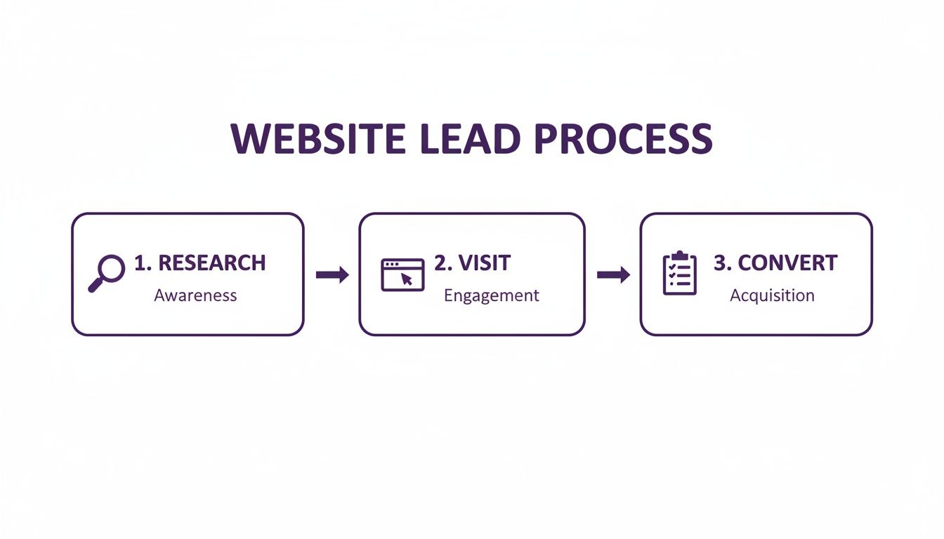 Flowchart illustrating the website lead process: Research, Visit, Convert, with awareness, engagement, and acquisition stages.
